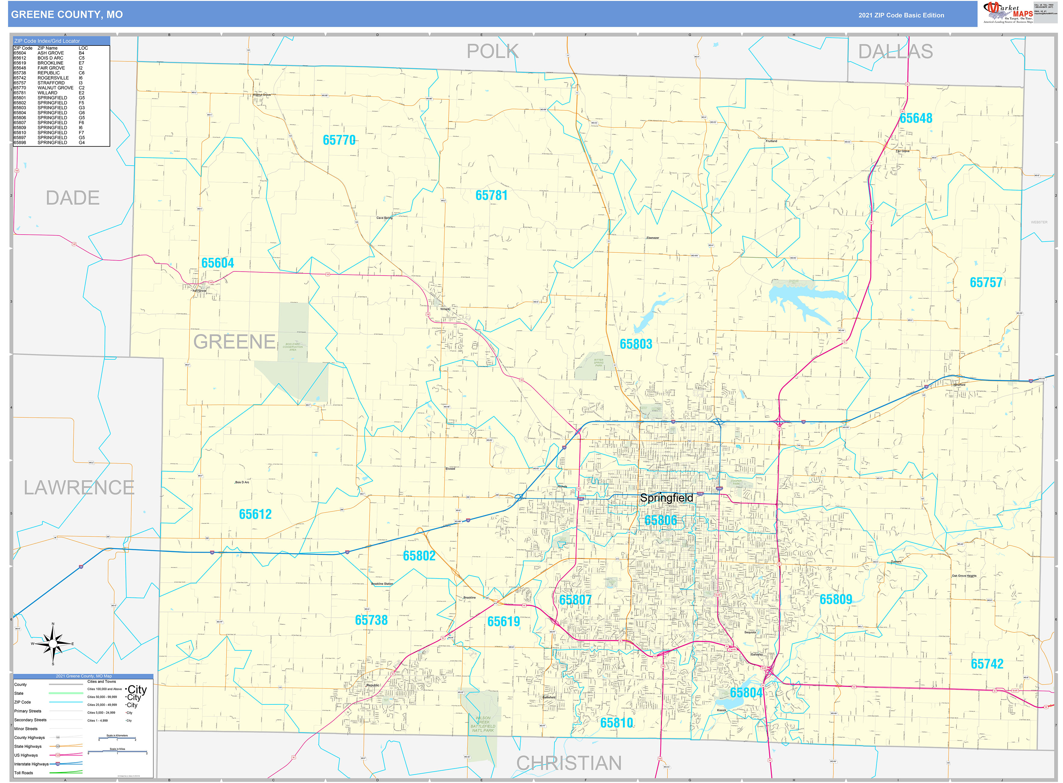 Greene County, MO Zip Code Wall Map Basic Style by MarketMAPS