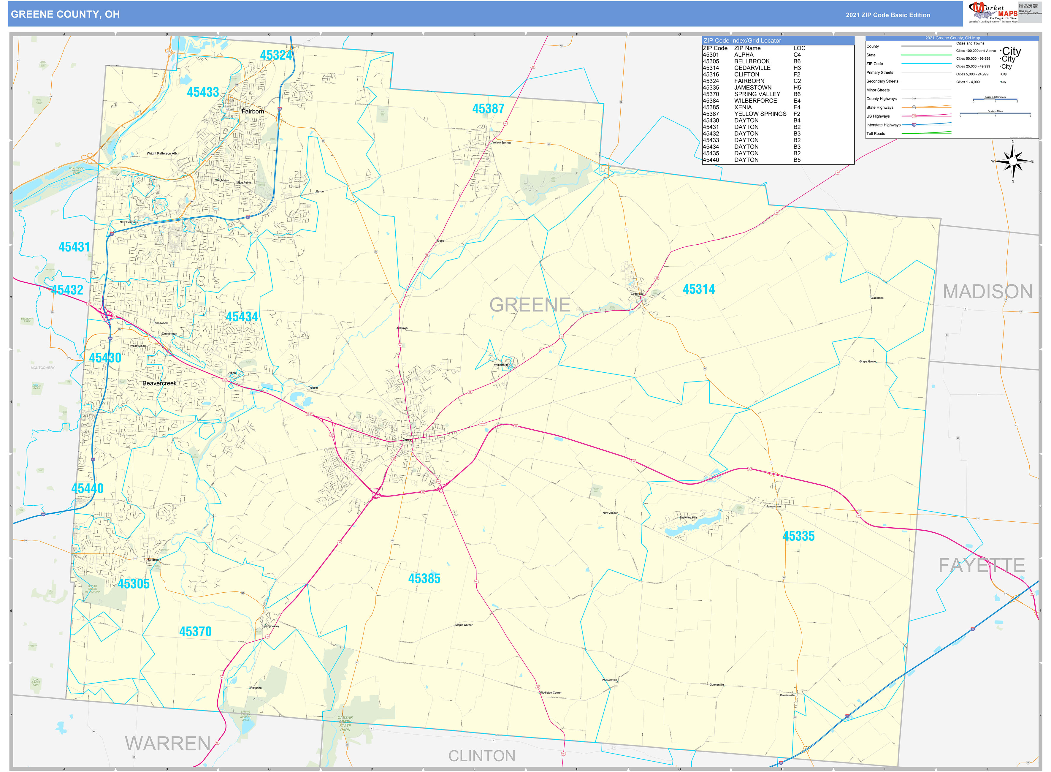 Greene County, OH Zip Code Wall Map Basic Style by MarketMAPS MapSales