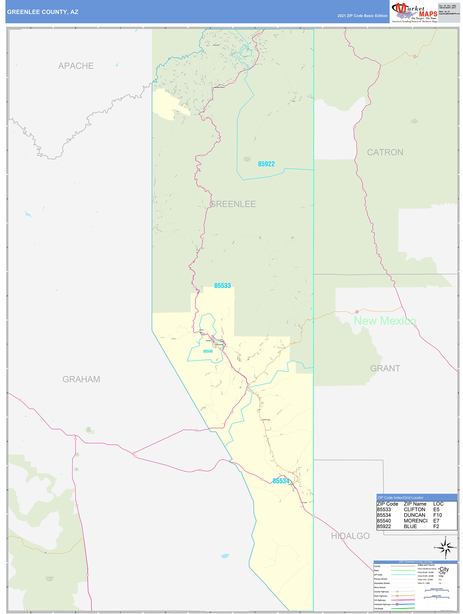 Greenlee County, AZ Zip Code Wall Map Basic Style by MarketMAPS
