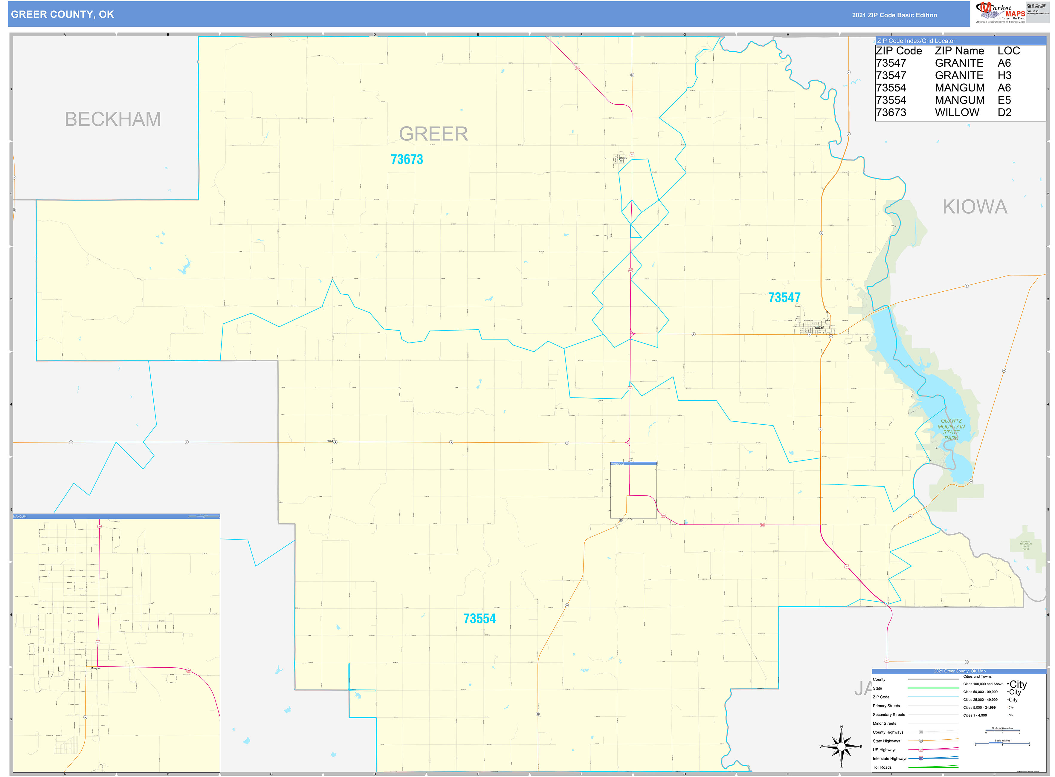 Greer County, OK Zip Code Wall Map Basic Style by MarketMAPS