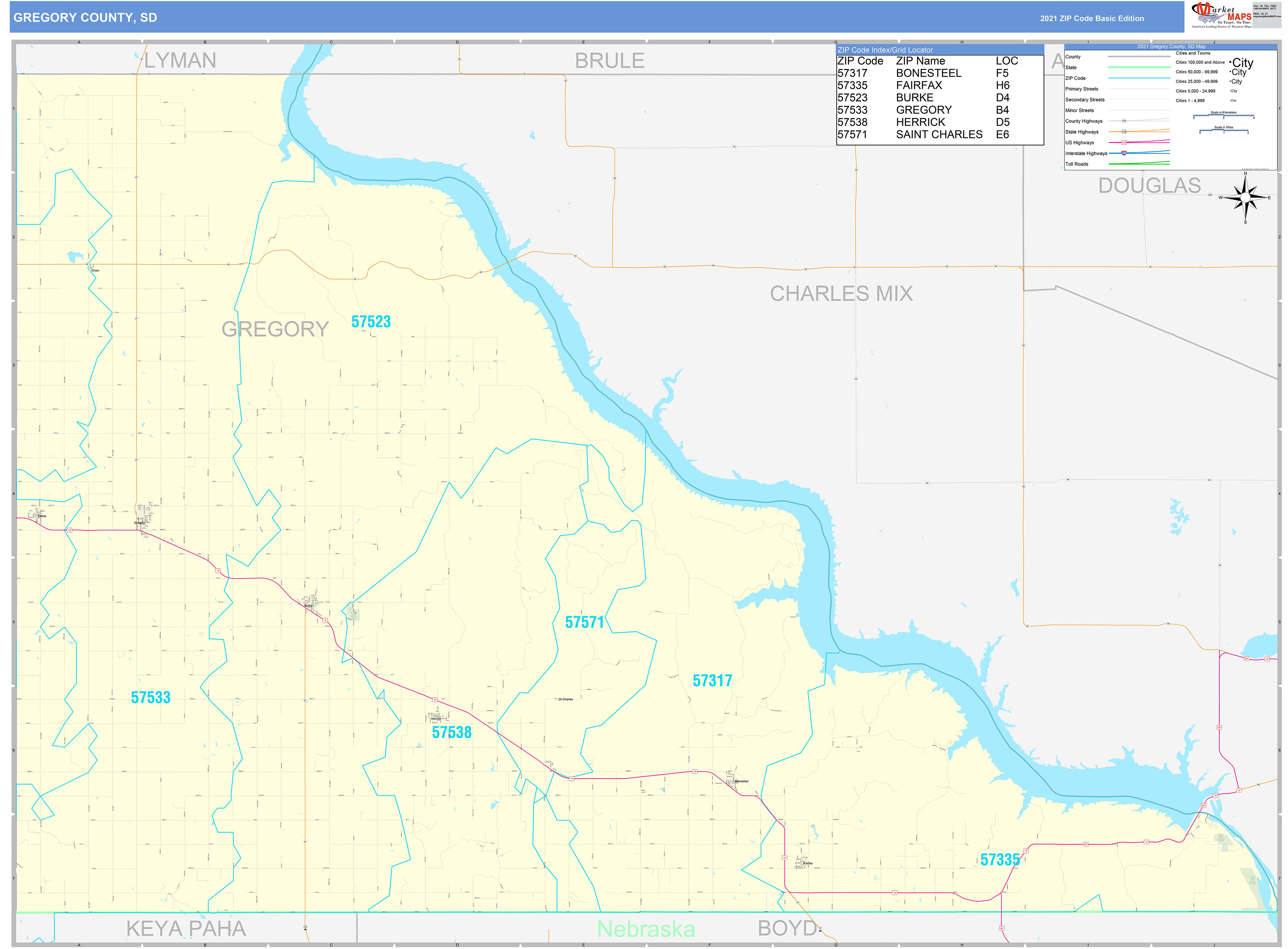 Gregory County, SD Zip Code Wall Map Basic Style by MarketMAPS MapSales