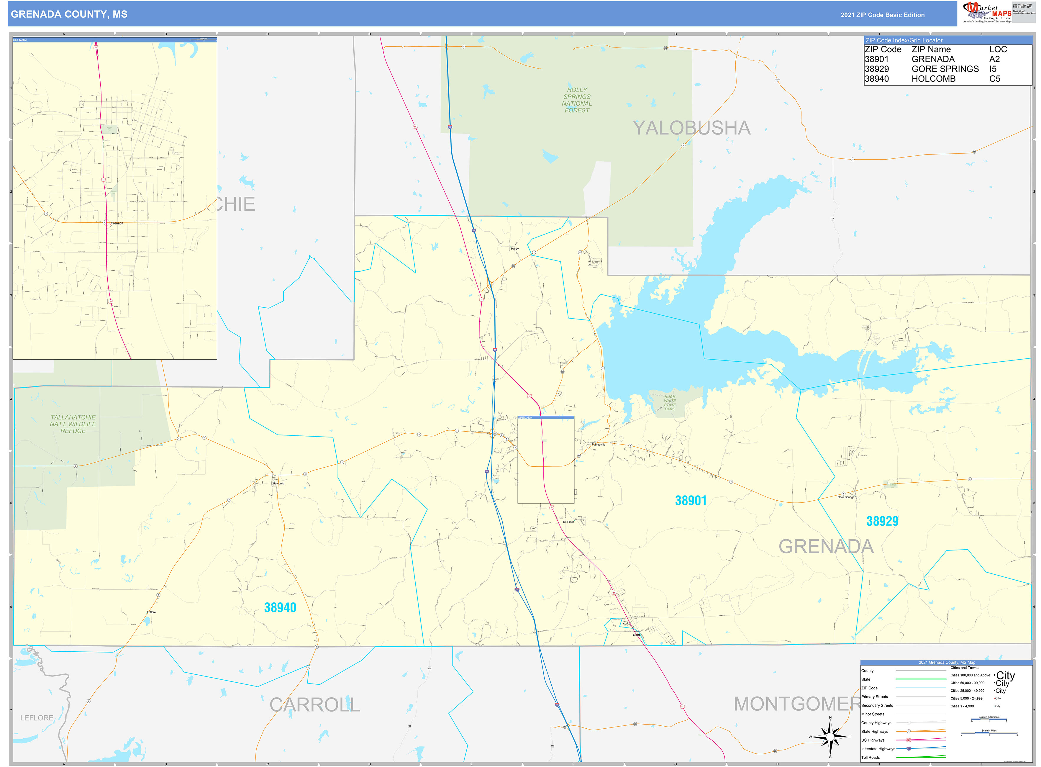 Grenada County, MS Zip Code Wall Map Basic Style by MarketMAPS