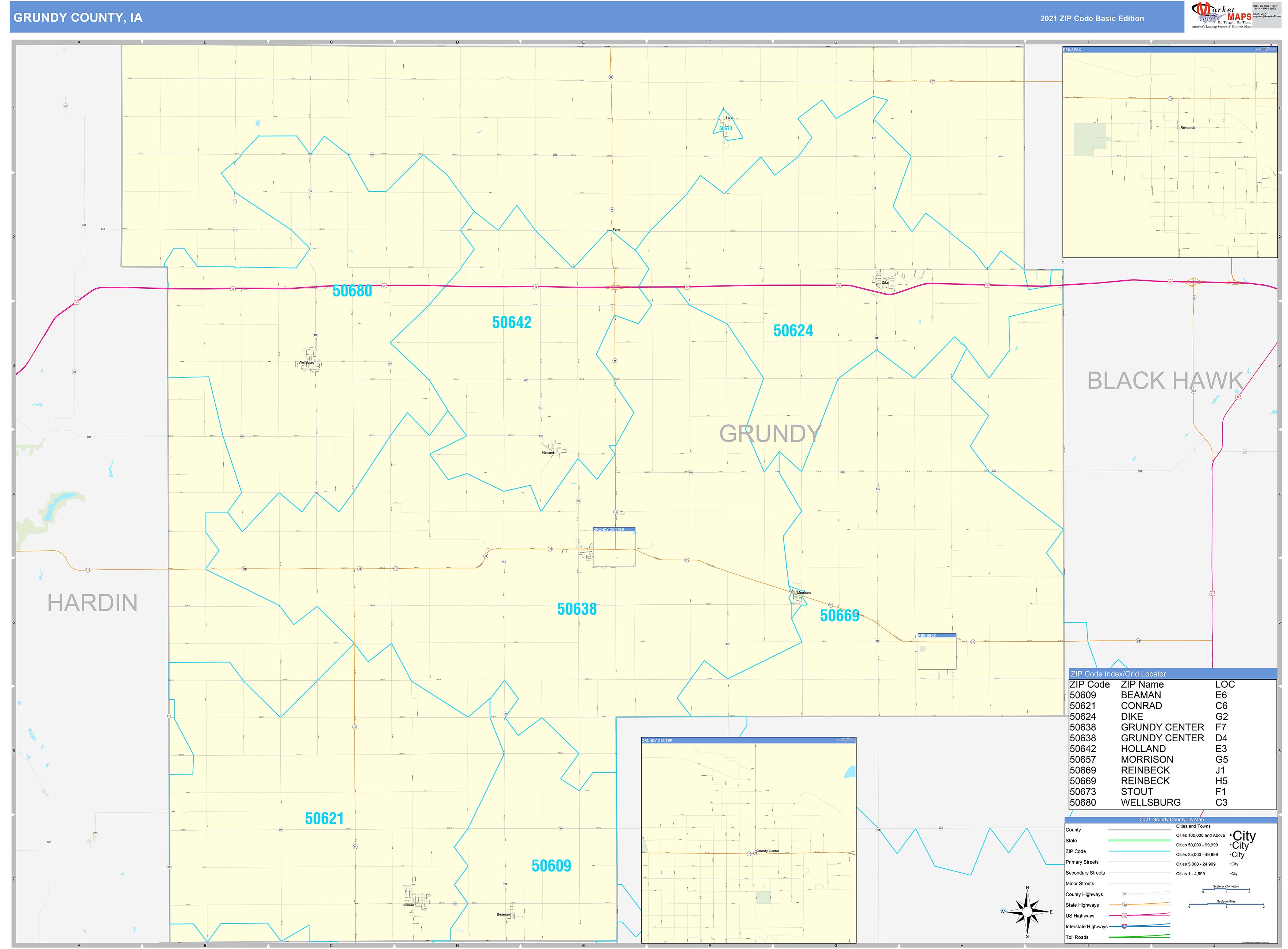 Grundy County, IA Zip Code Wall Map Basic Style by MarketMAPS