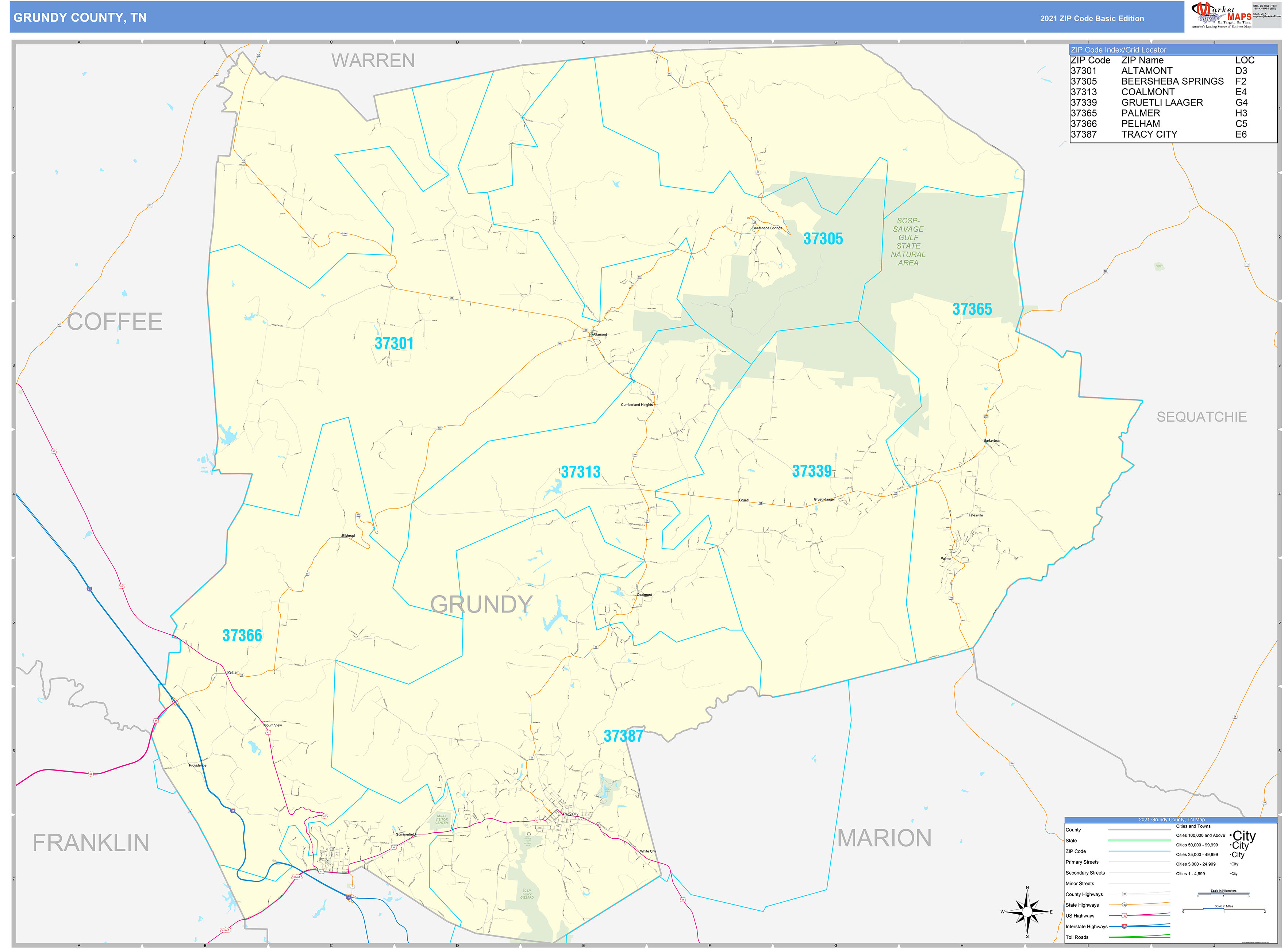Grundy County, TN Zip Code Wall Map Basic Style by MarketMAPS