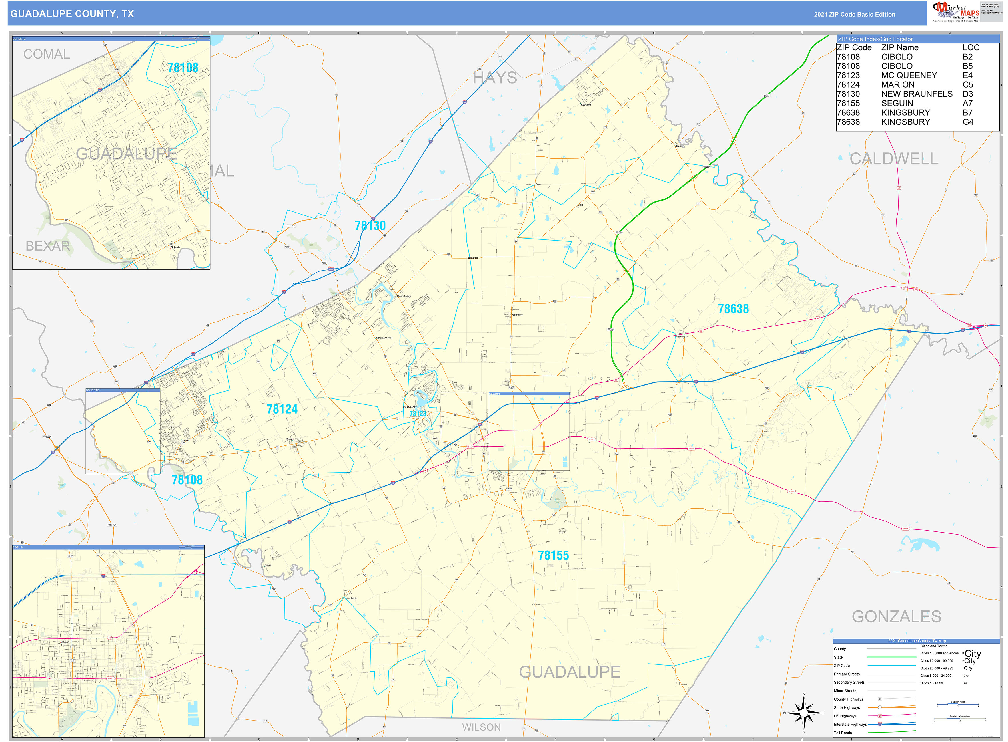 Guadalupe County, TX Zip Code Wall Map Basic Style by MarketMAPS MapSales