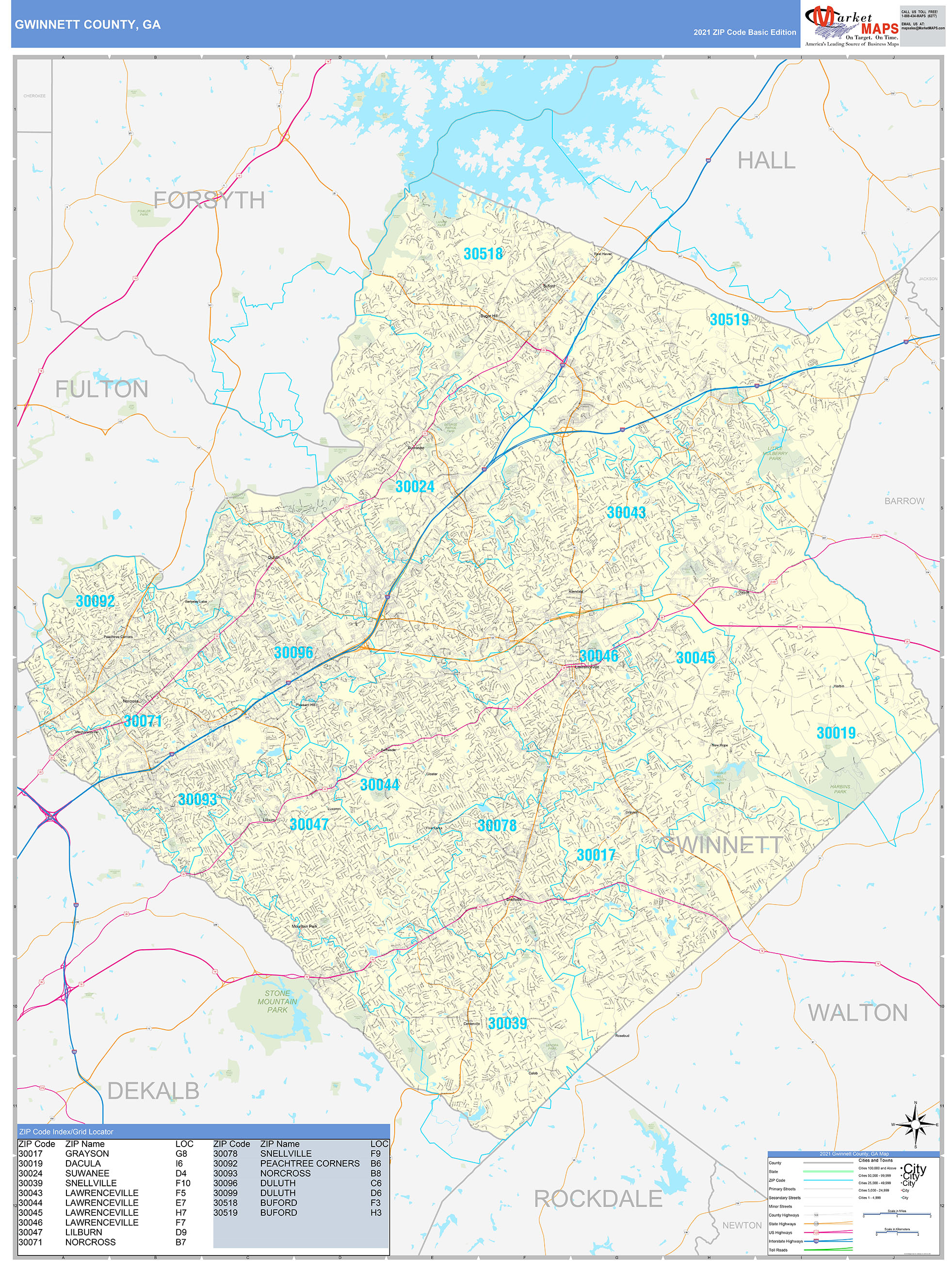 Gwinnett County GA Zip Code Wall Map Basic Style By MarketMAPS MapSales