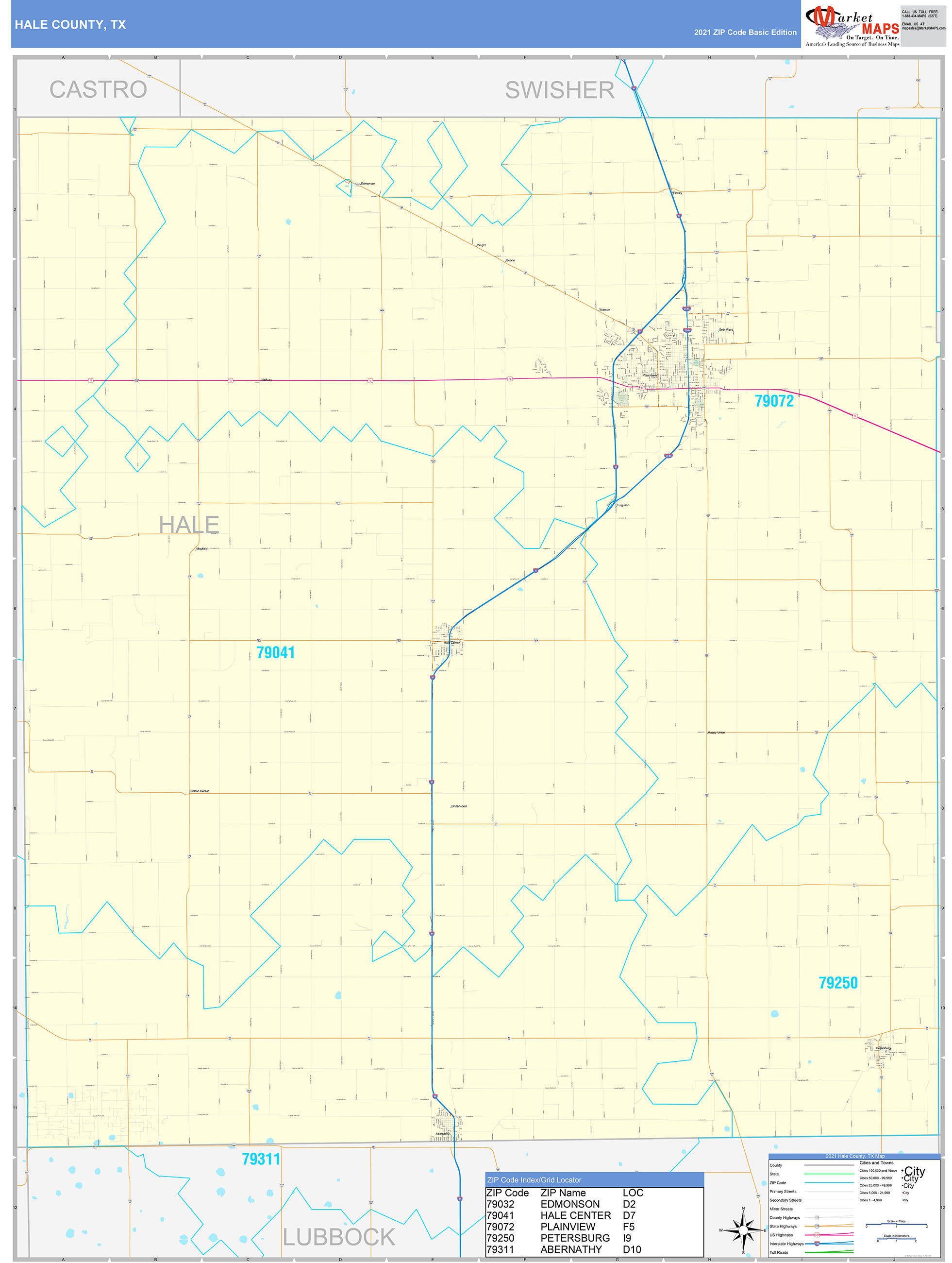 Hale County, TX Zip Code Wall Map Basic Style by MarketMAPS MapSales