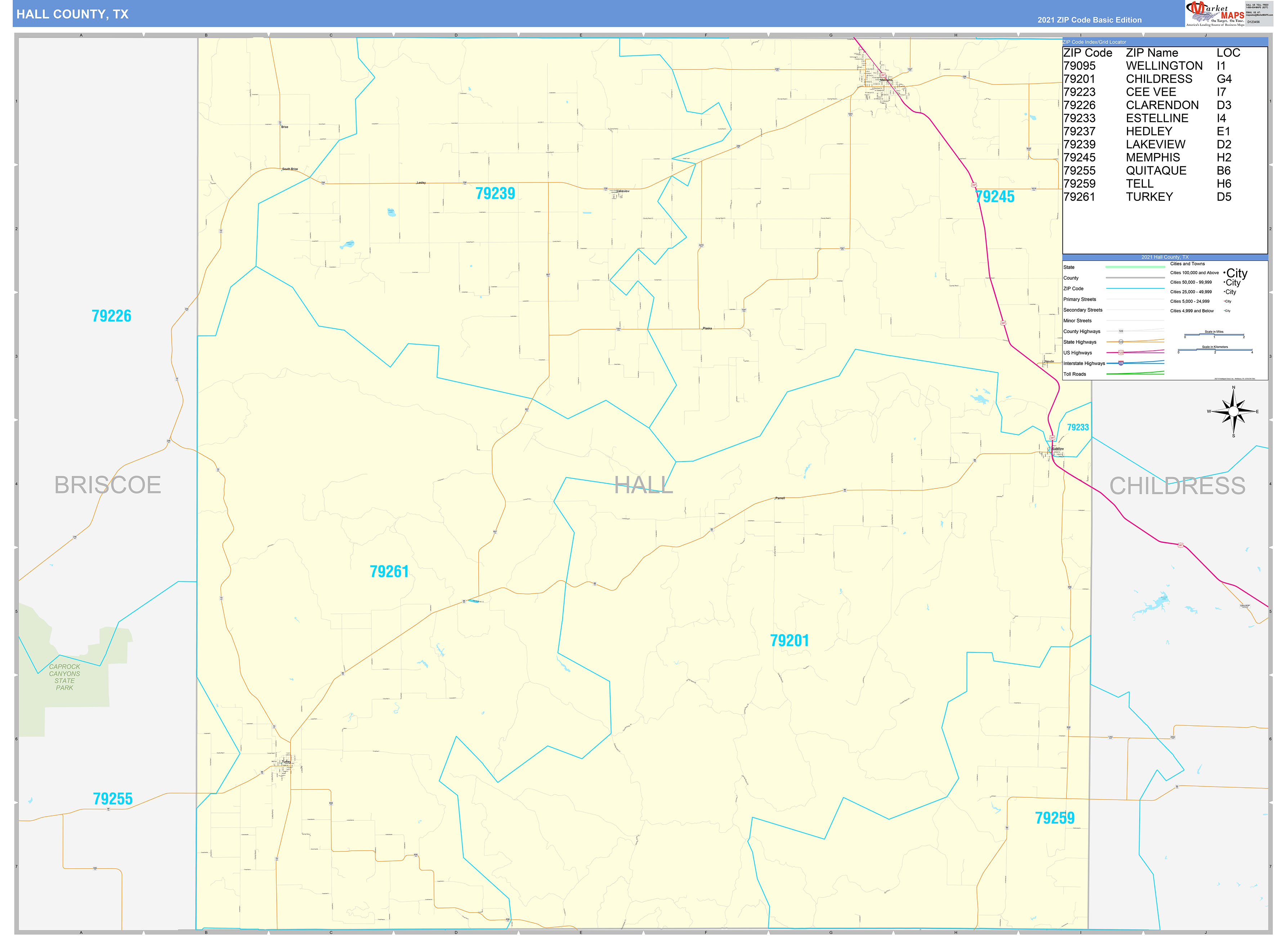 Hall County, TX Zip Code Wall Map Basic Style by MarketMAPS