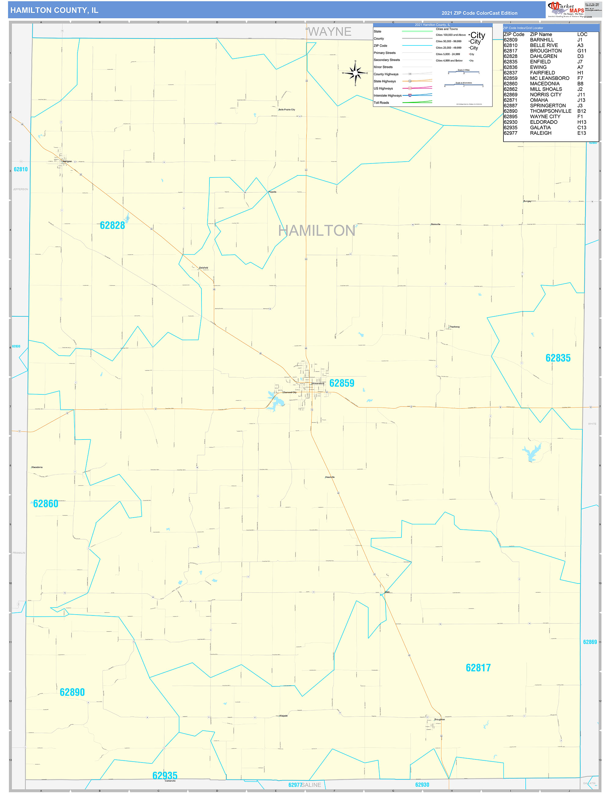 Hamilton County, IL Zip Code Wall Map Basic Style by MarketMAPS MapSales