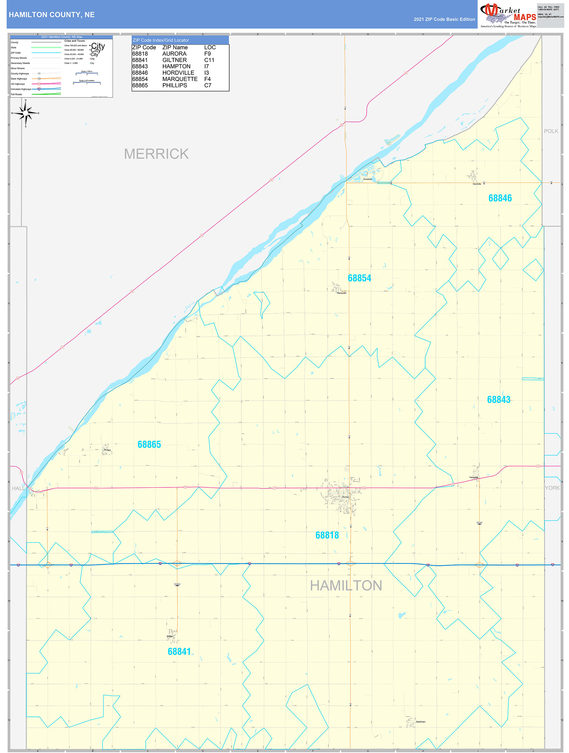 Hamilton County, NE Zip Code Wall Map Basic Style by MarketMAPS MapSales