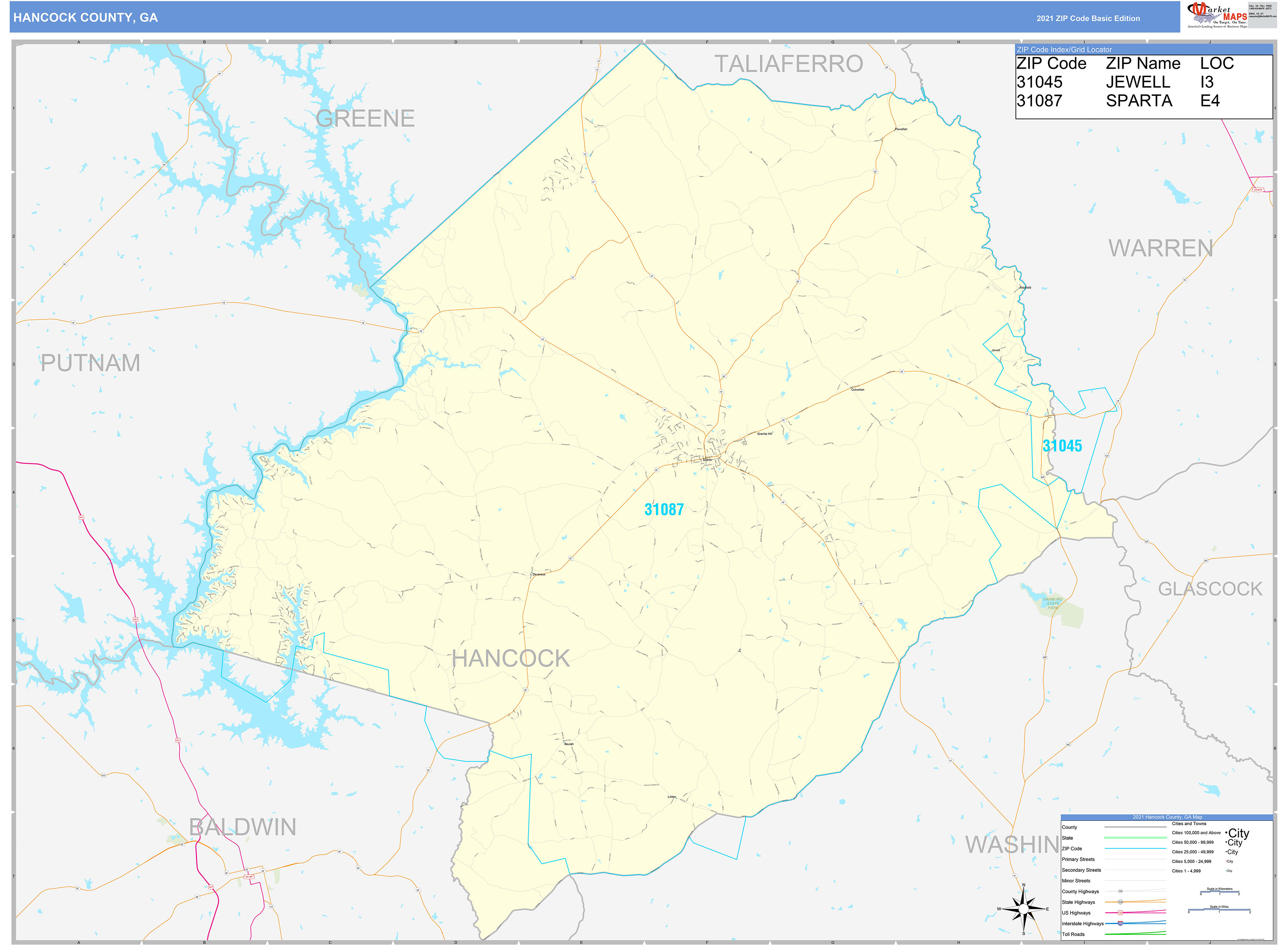 Hancock County, GA Zip Code Wall Map Basic Style by MarketMAPS MapSales