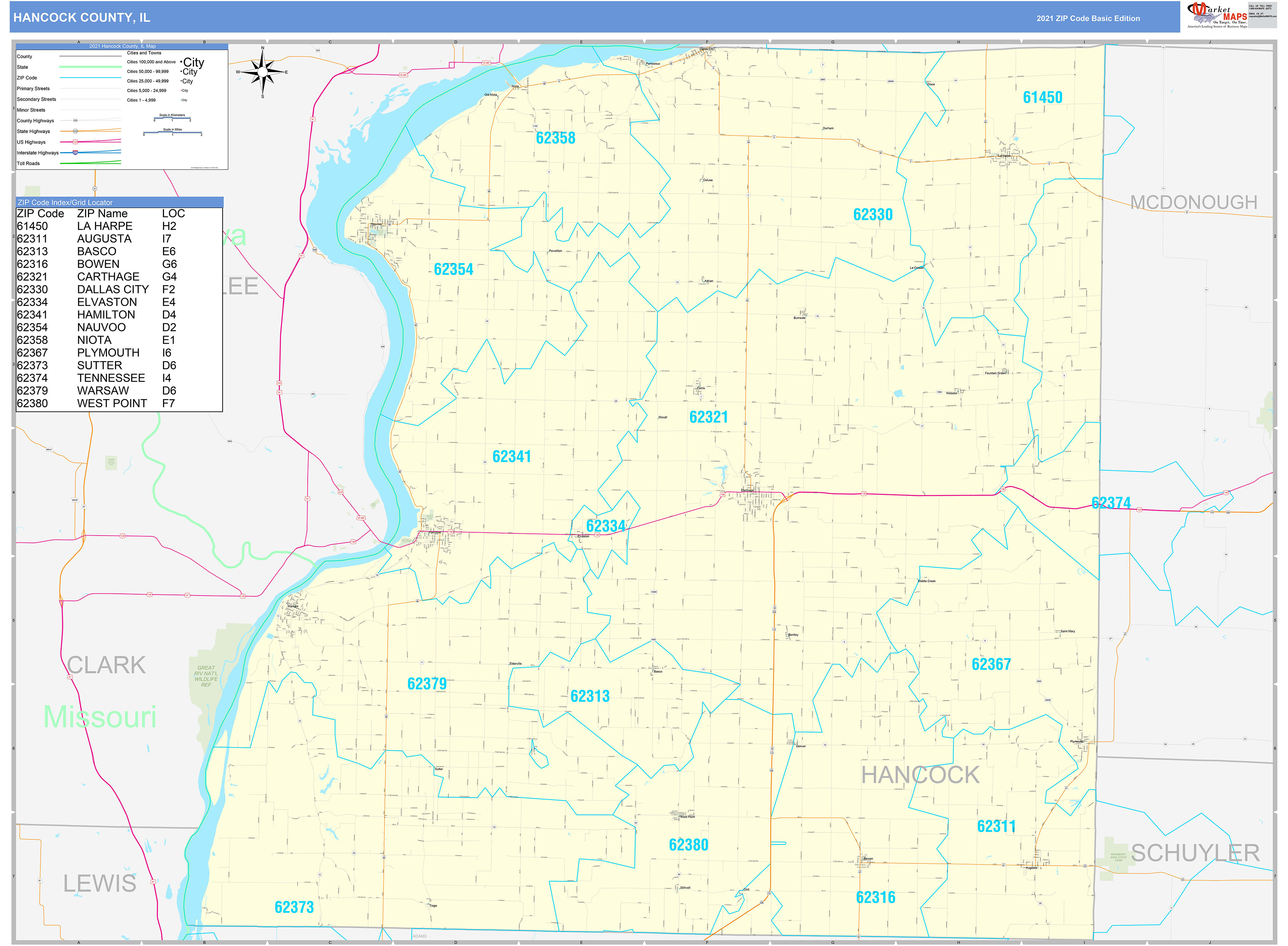 Hancock County, IL Zip Code Wall Map Basic Style by MarketMAPS
