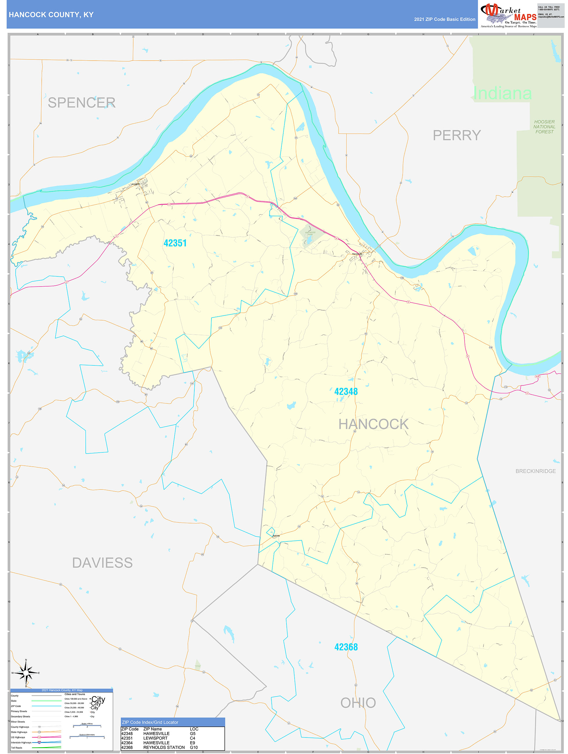 Hancock County, KY Zip Code Wall Map Basic Style by MarketMAPS