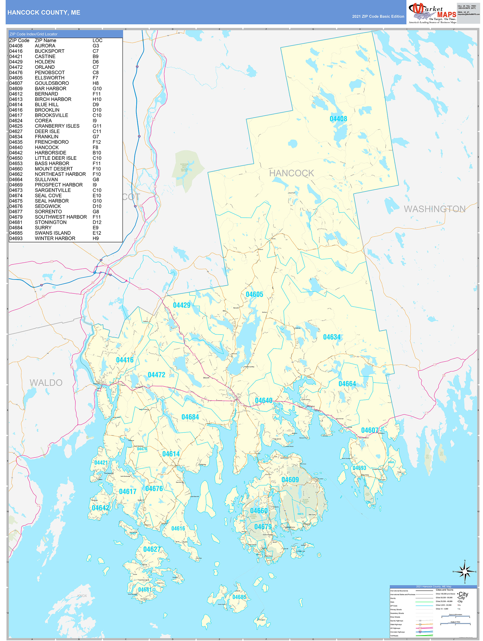 Hancock County, ME Zip Code Wall Map Basic Style by MarketMAPS MapSales