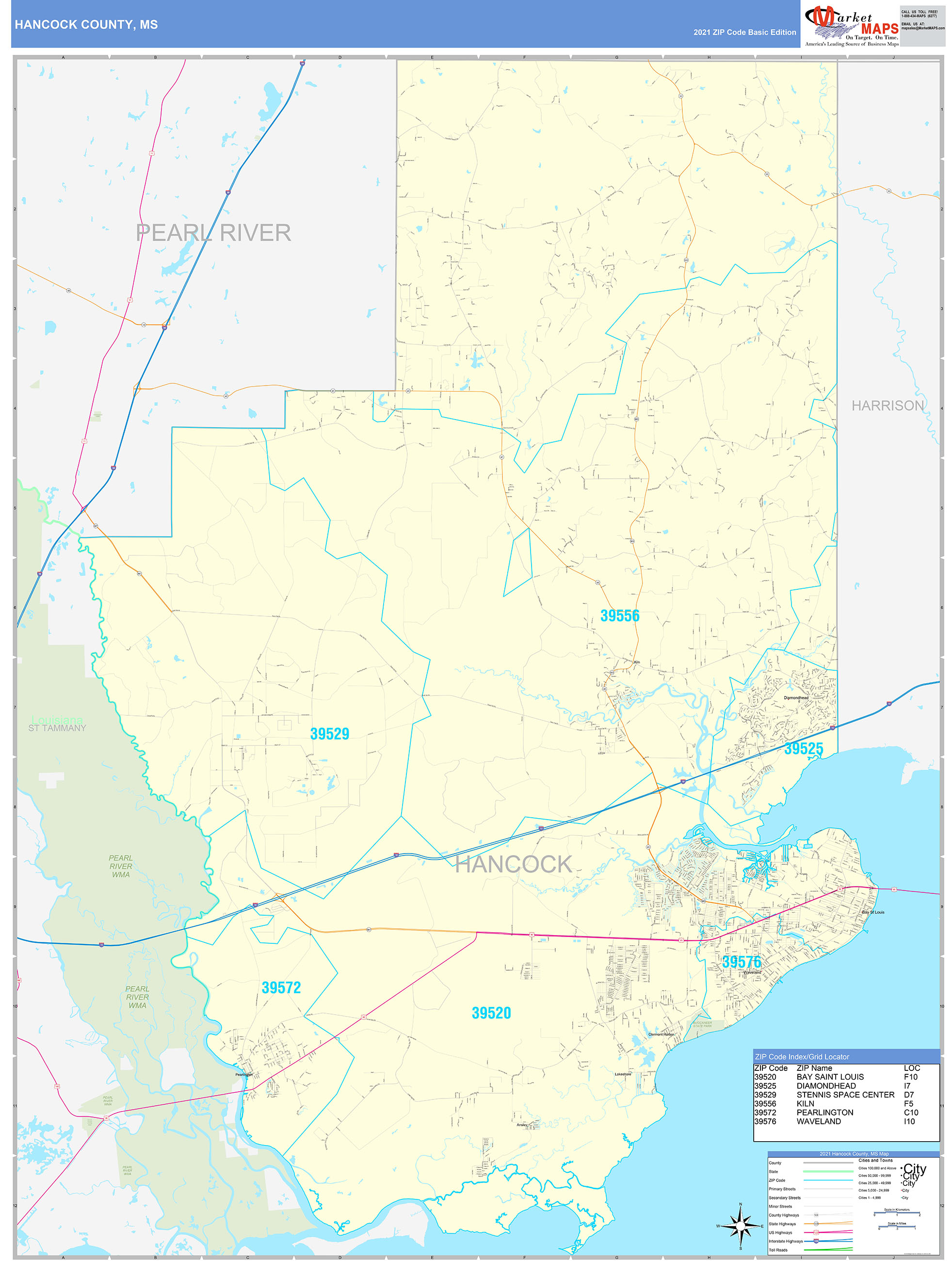 Hancock County, MS Zip Code Wall Map Basic Style by MarketMAPS MapSales