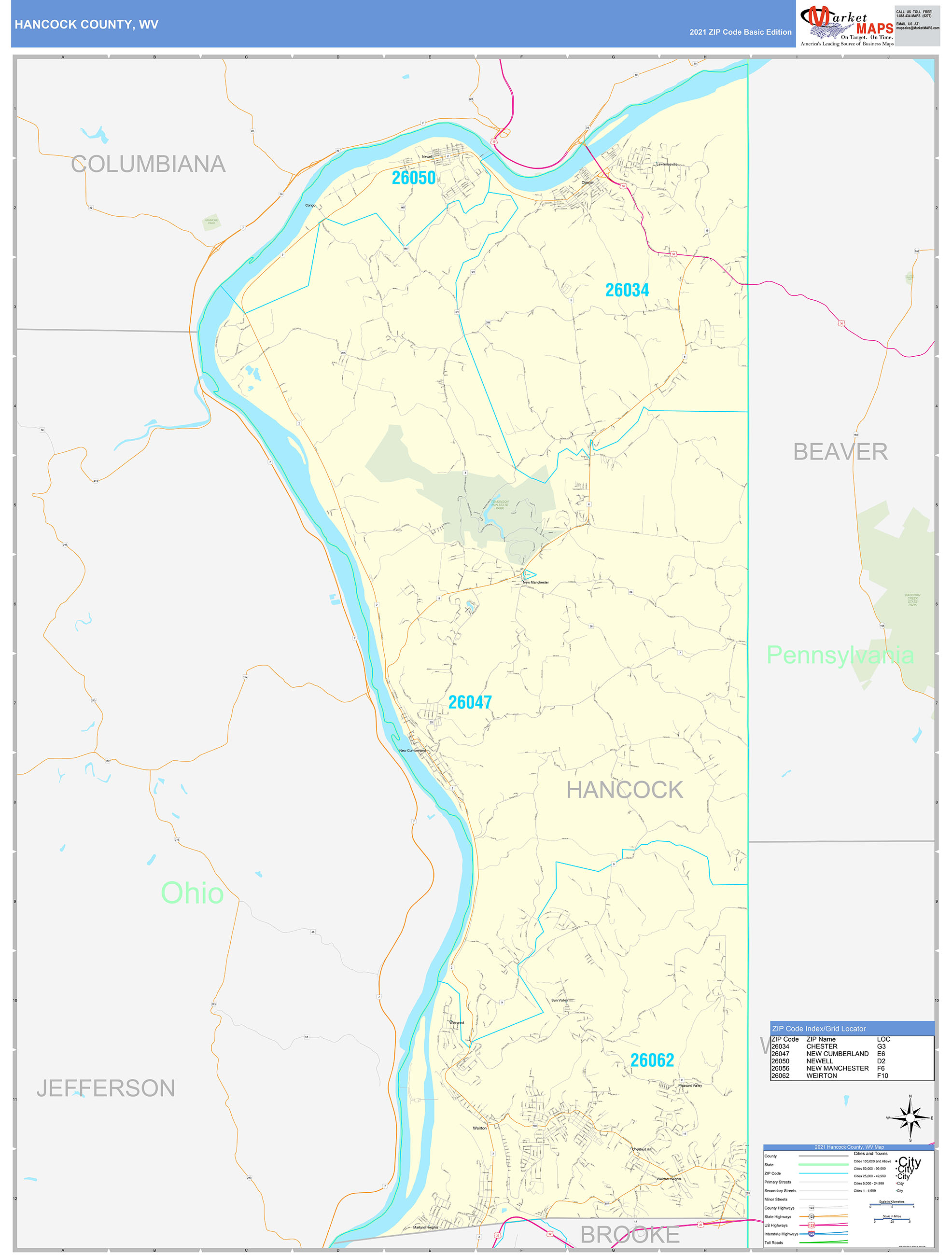 Hancock County, WV Zip Code Wall Map Basic Style by MarketMAPS
