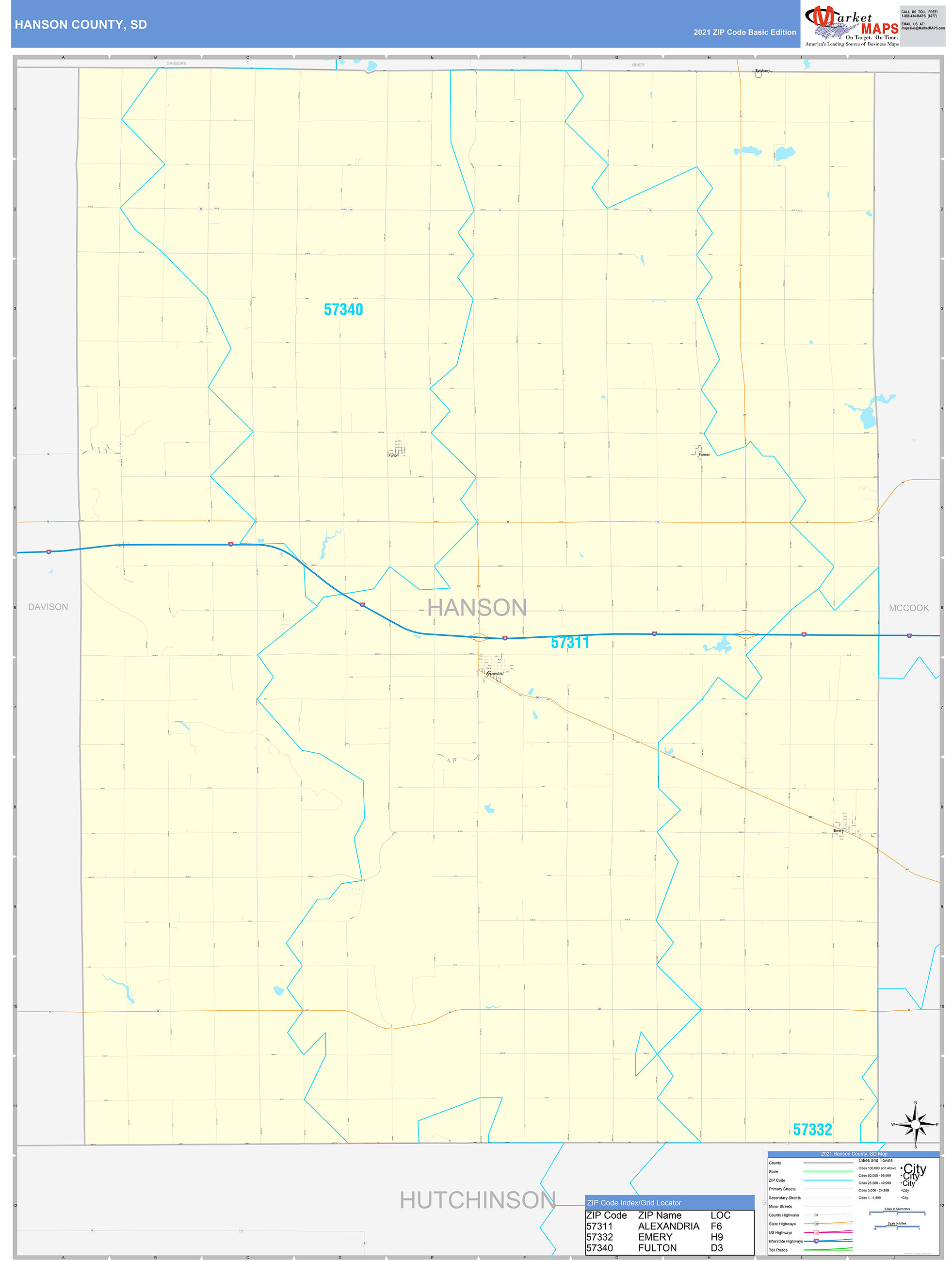 Hanson County, SD Zip Code Wall Map Basic Style by MarketMAPS