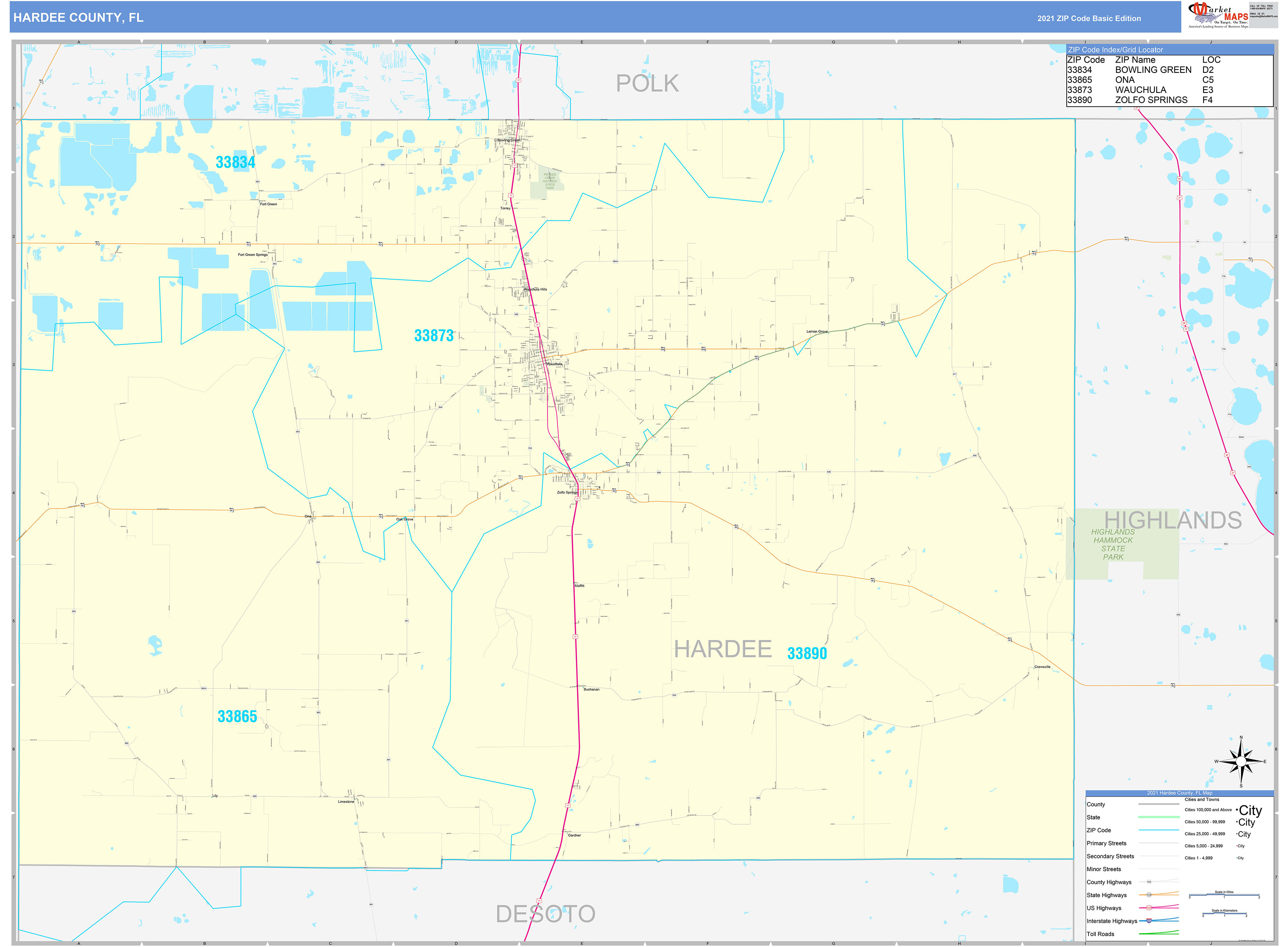 Hardee County, FL Zip Code Wall Map Basic Style by MarketMAPS MapSales