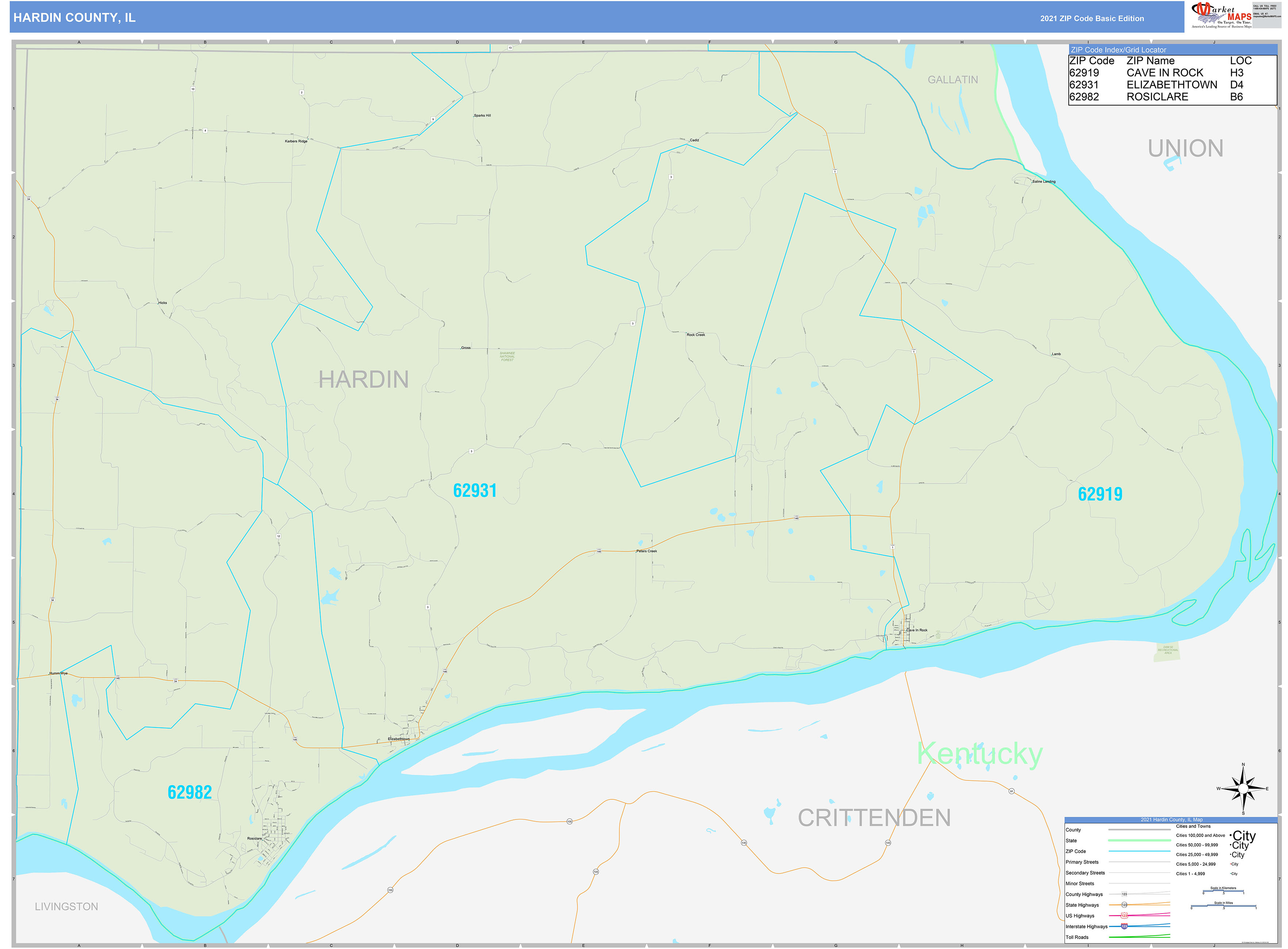 Hardin County, IL Zip Code Wall Map Basic Style by MarketMAPS MapSales