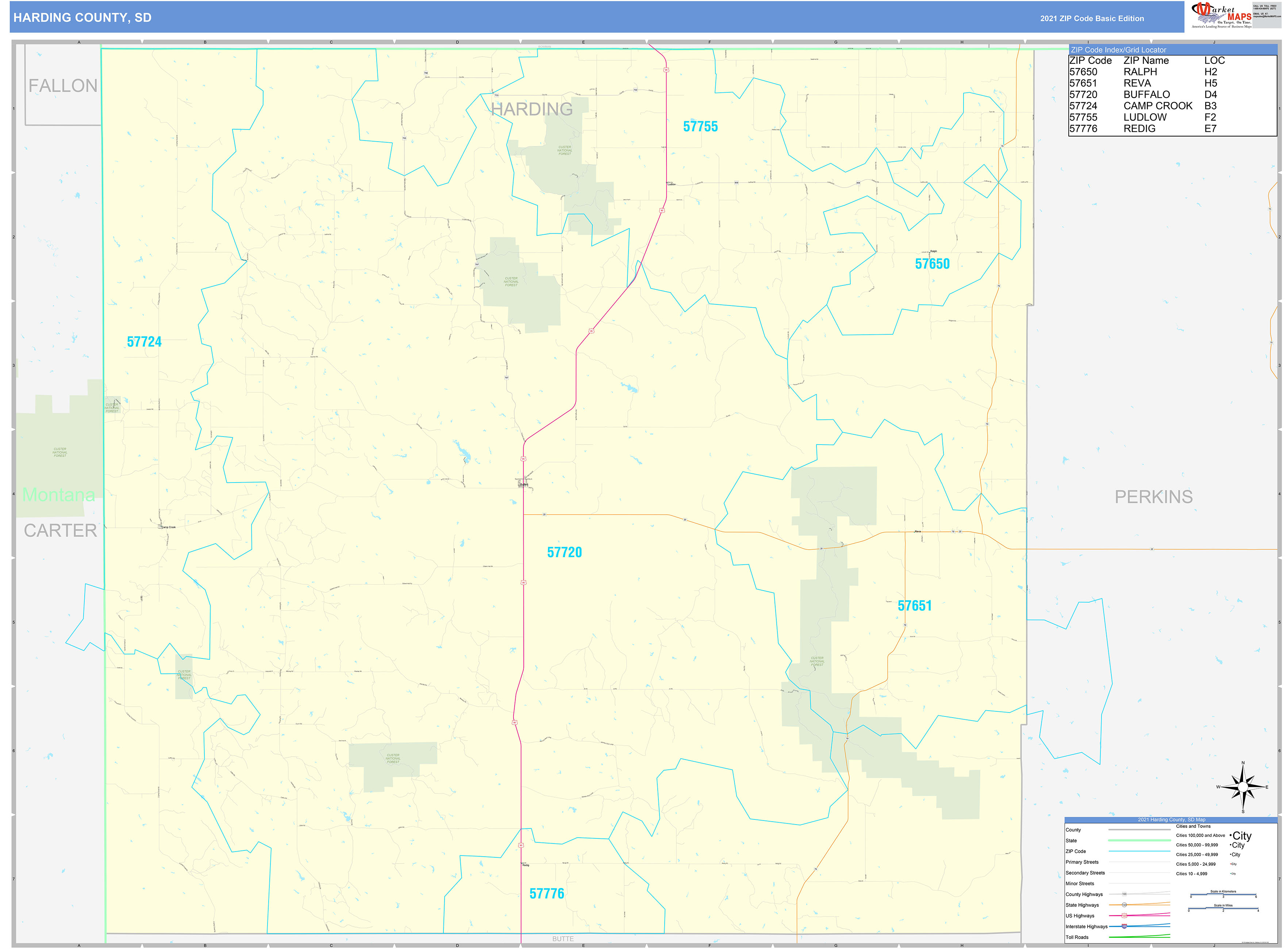 Harding County, SD Zip Code Wall Map Basic Style by MarketMAPS