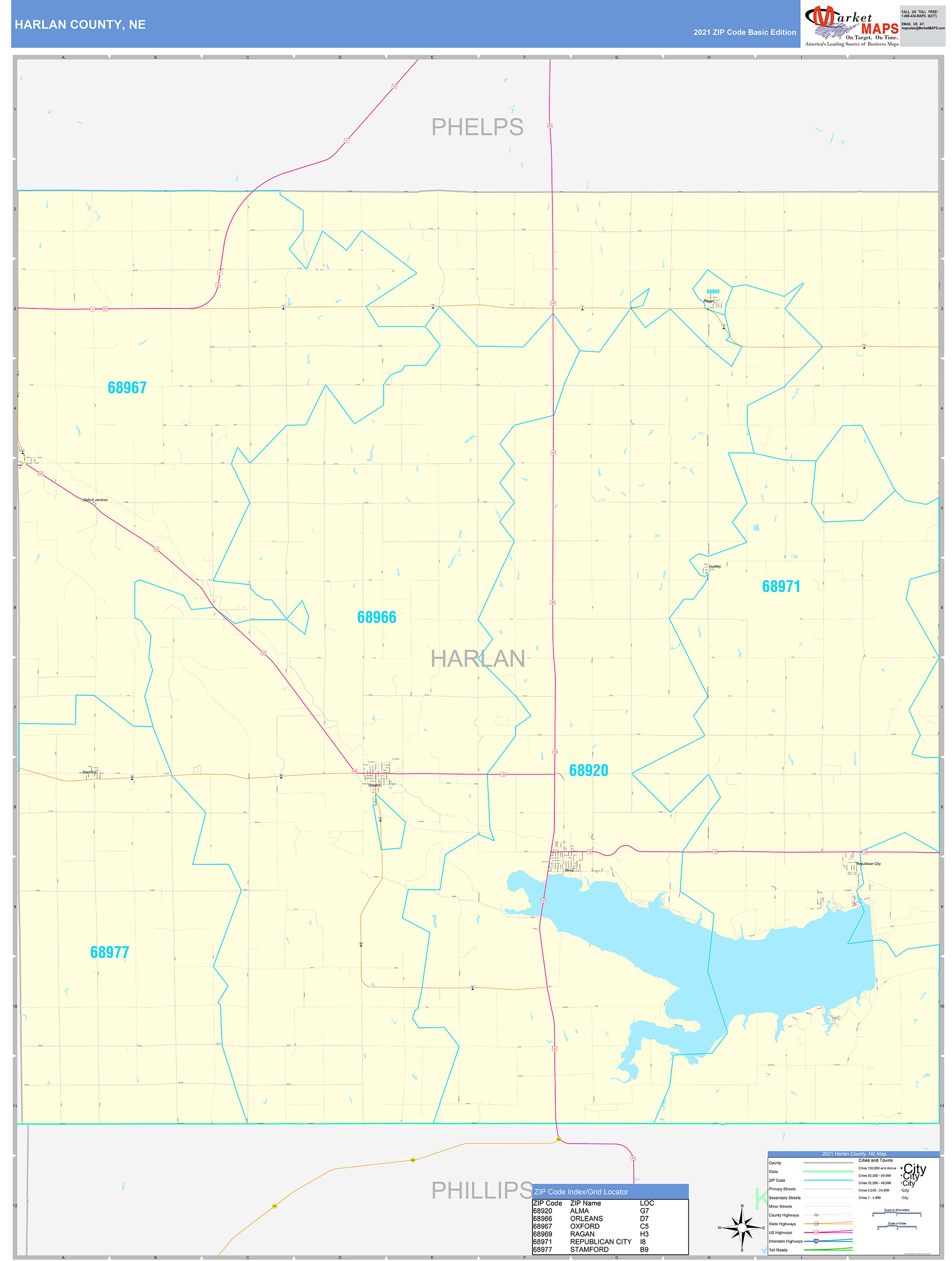 Harlan County, NE Zip Code Wall Map Basic Style by MarketMAPS MapSales