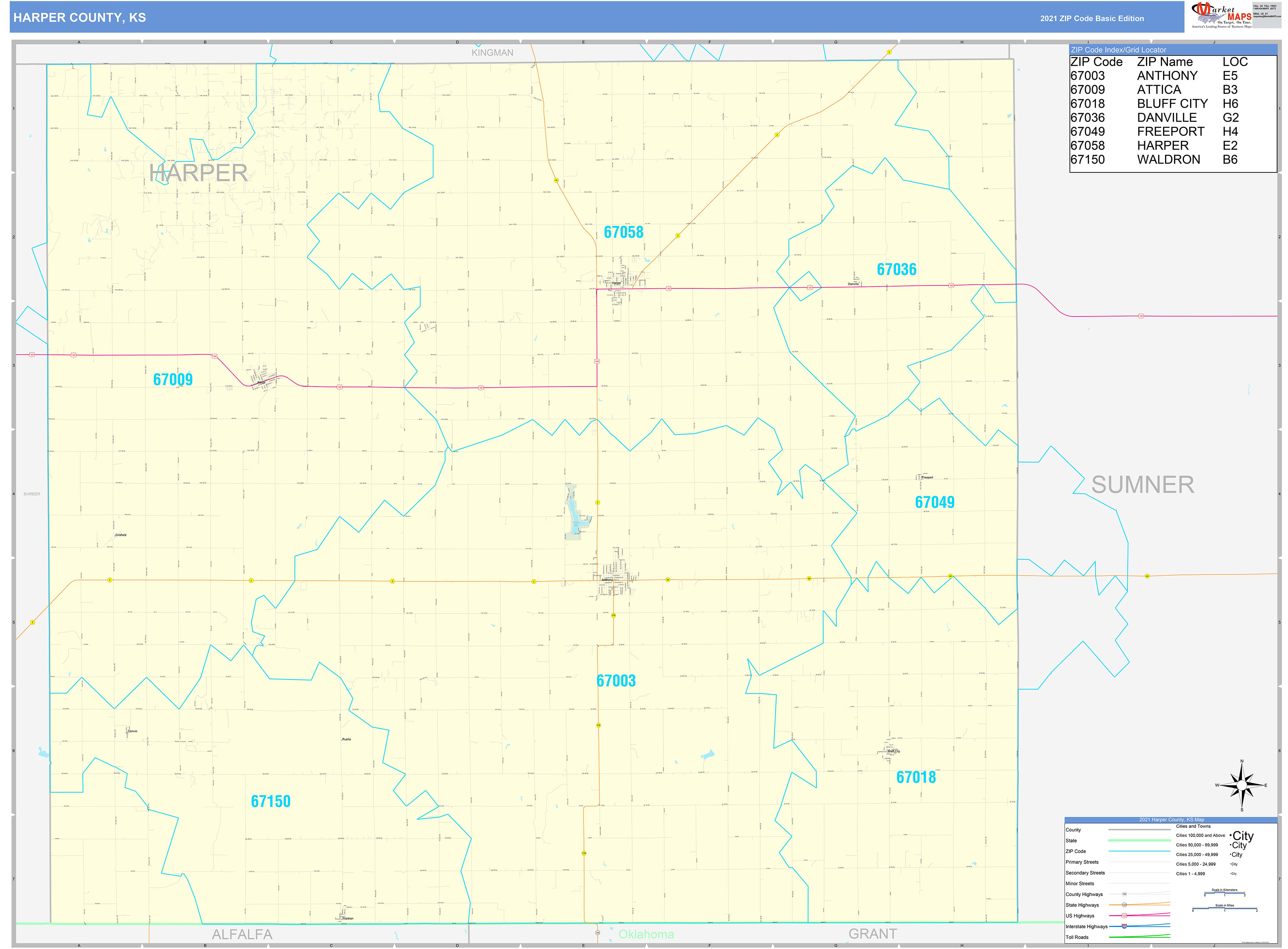 Harper County, KS Zip Code Wall Map Basic Style by MarketMAPS