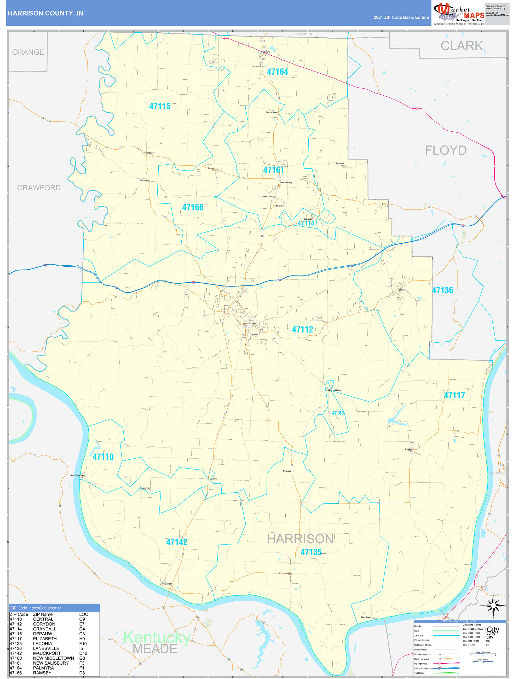 Harrison County IN Zip Code Wall Map Basic Style By MarketMAPS MapSales