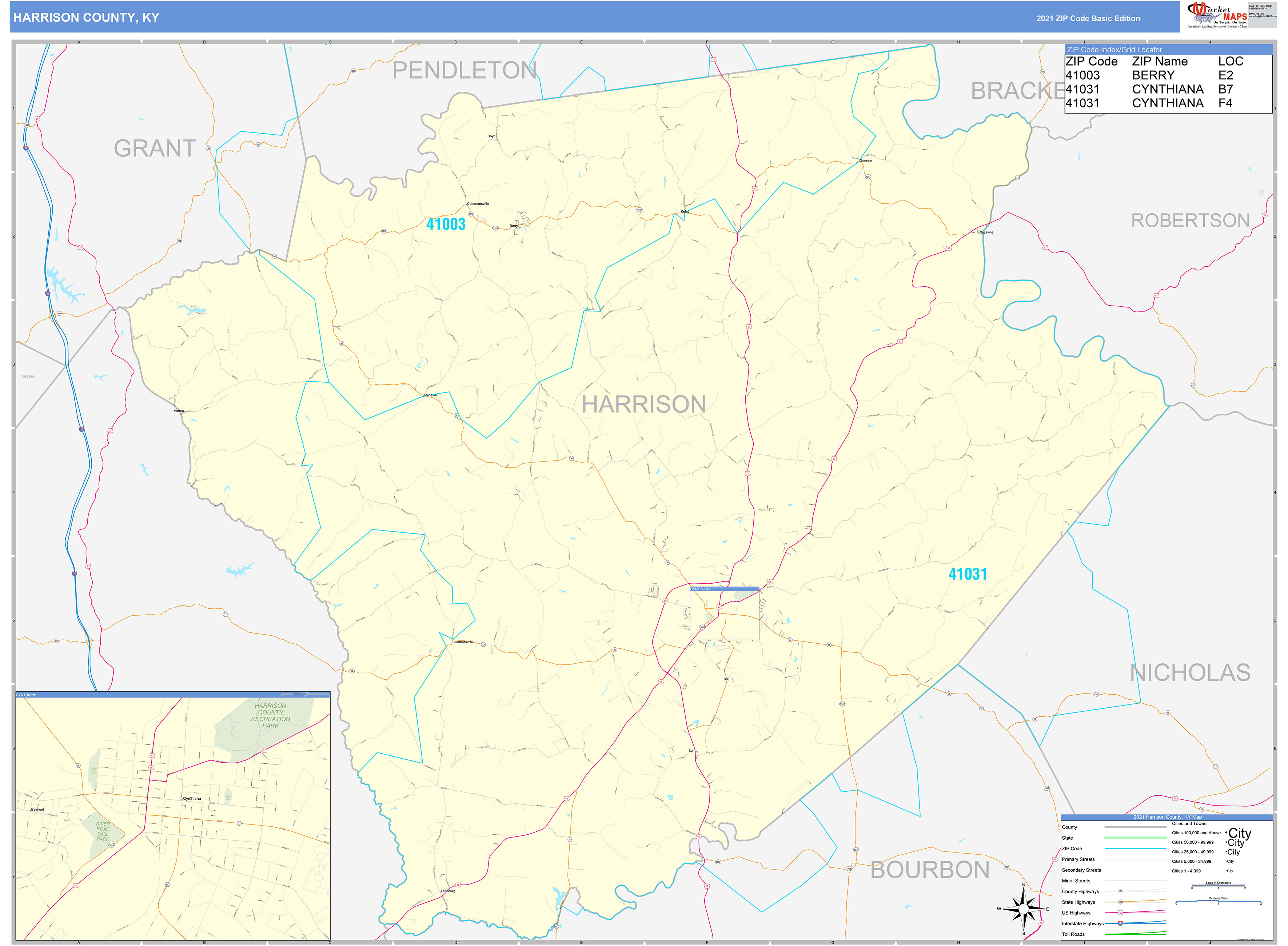 Harrison County, KY Zip Code Wall Map Basic Style by MarketMAPS