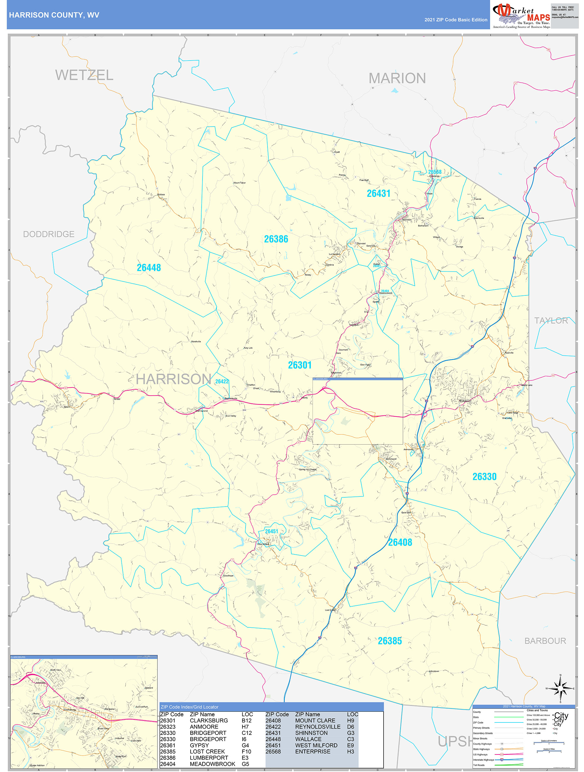 Harrison County, WV Zip Code Wall Map Basic Style by MarketMAPS MapSales