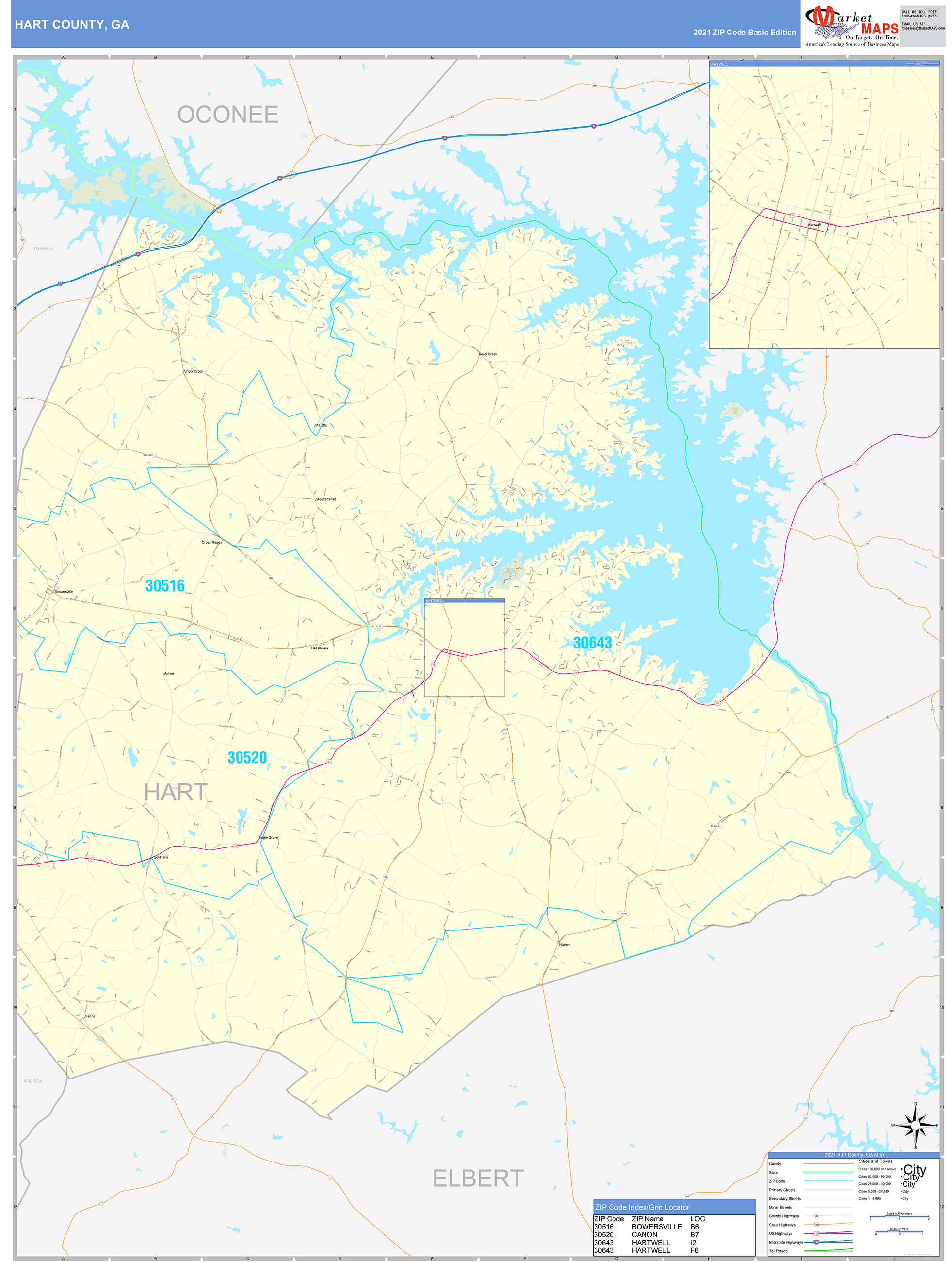 Hart County, GA Zip Code Wall Map Basic Style by MarketMAPS MapSales