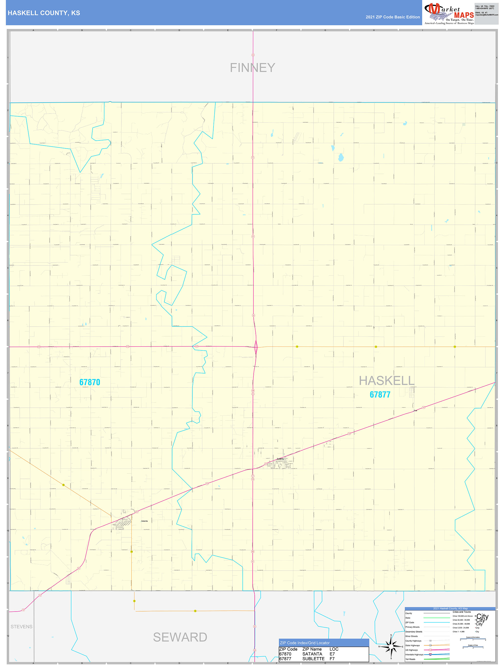 Haskell County, KS Zip Code Wall Map Basic Style by MarketMAPS