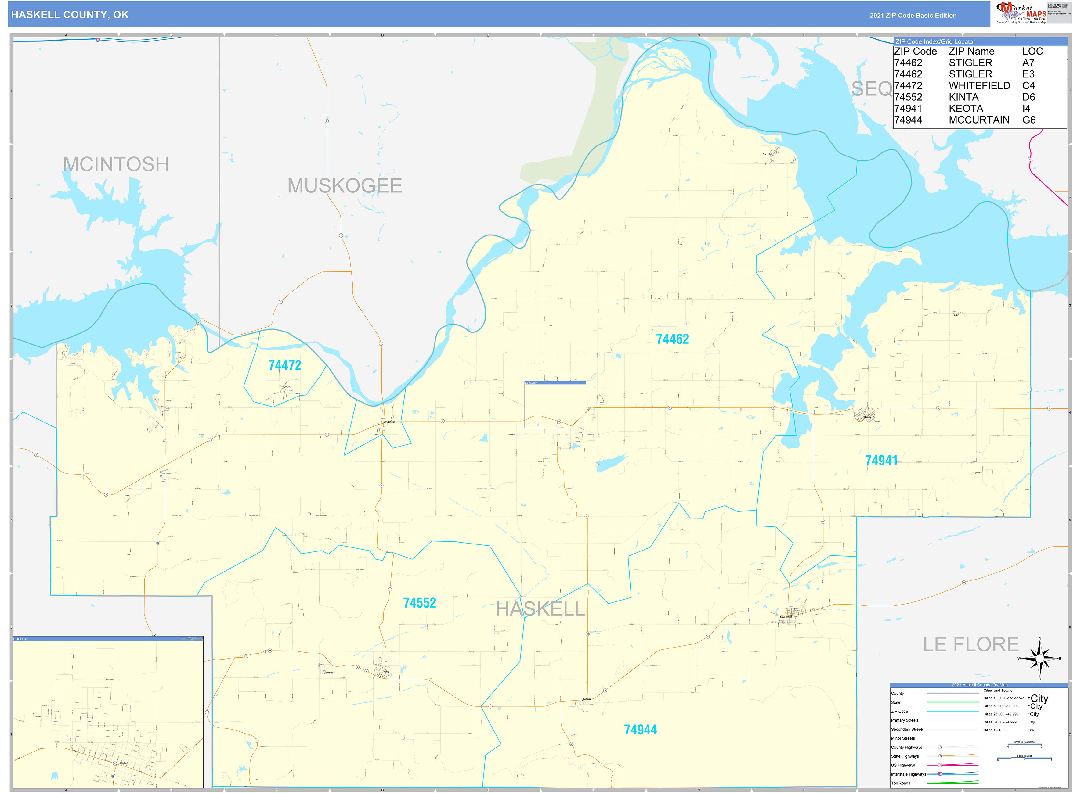 Haskell County, OK Zip Code Wall Map Basic Style by MarketMAPS MapSales