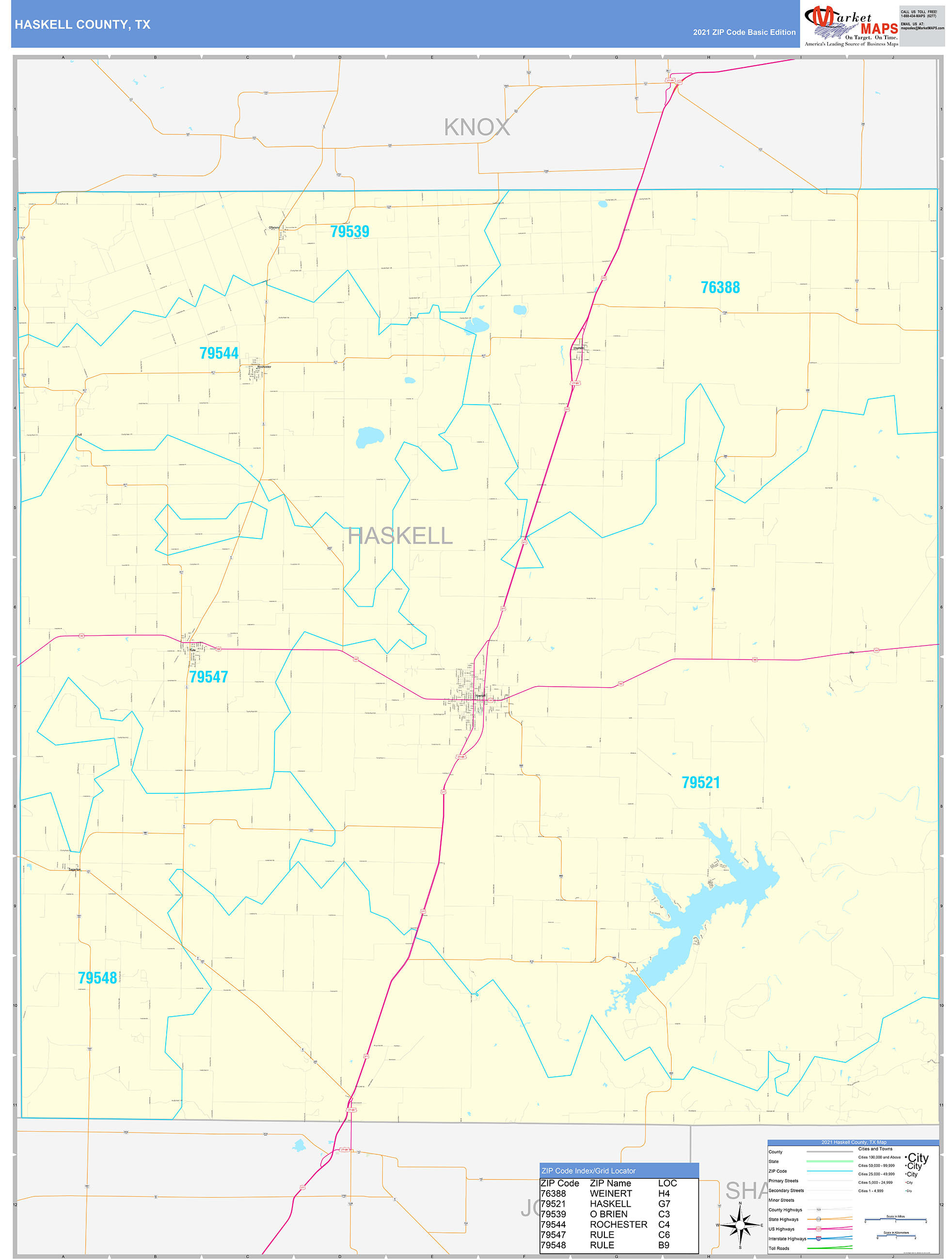 Haskell County, TX Zip Code Wall Map Basic Style by MarketMAPS