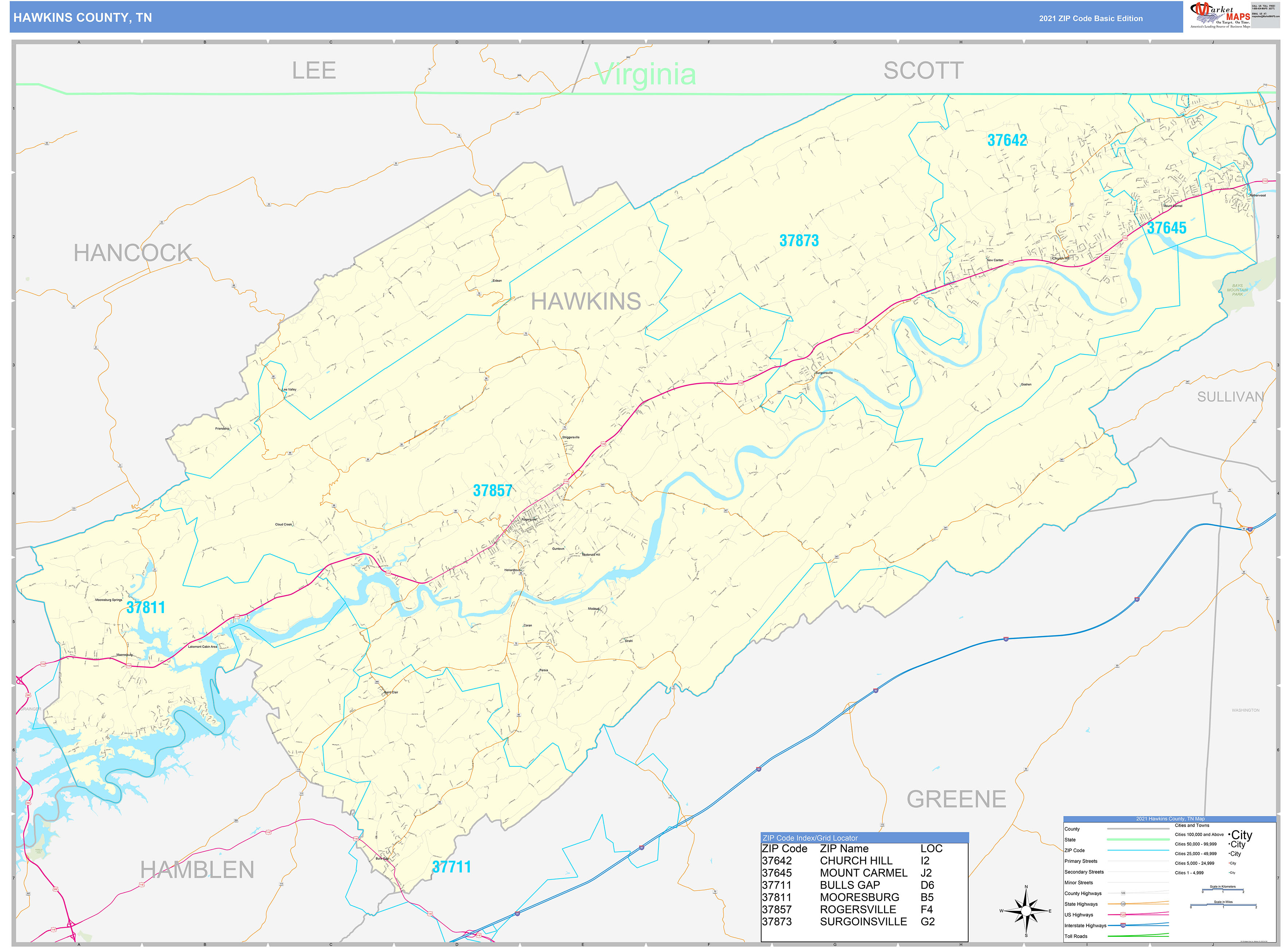 Hawkins County Tn Zip Code Wall Map Basic Style By Marketmaps