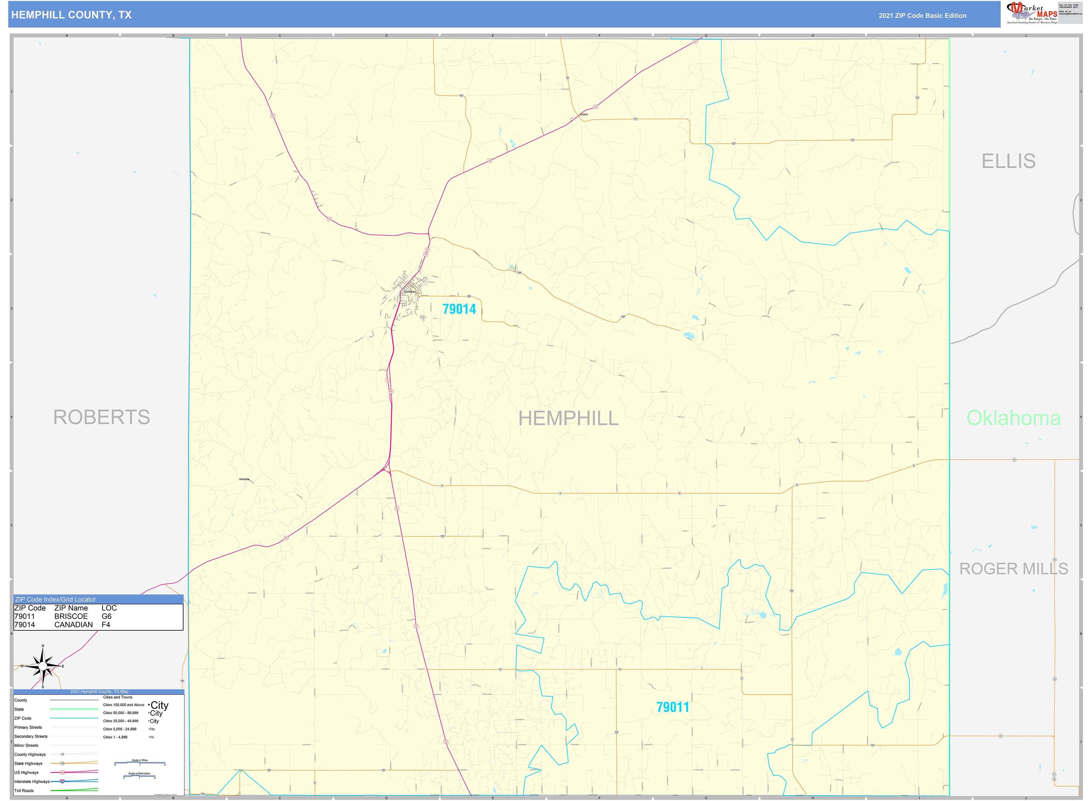 Hemphill County, TX Zip Code Wall Map Basic Style by MarketMAPS