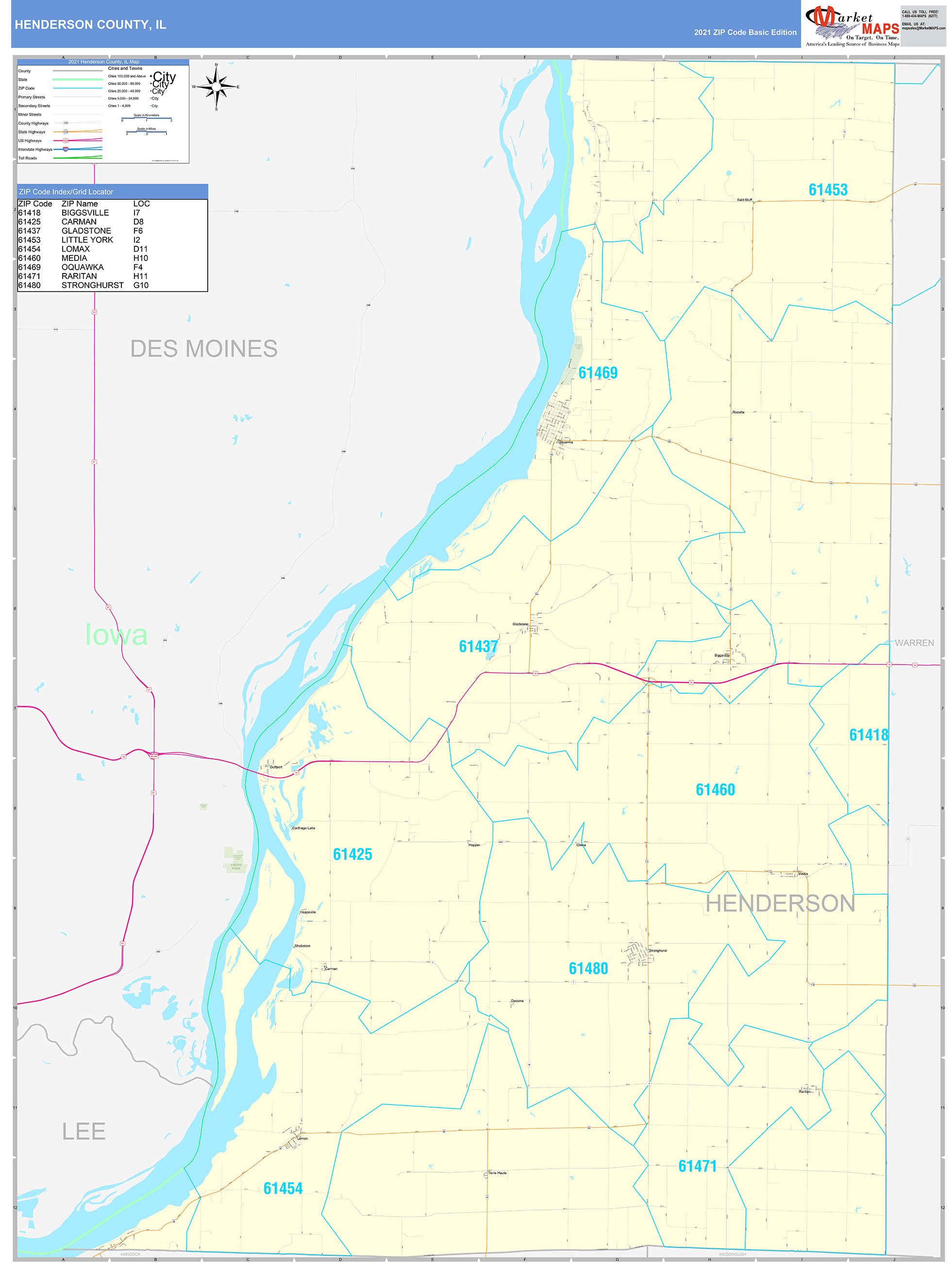 Henderson County, IL Zip Code Wall Map Basic Style by MarketMAPS