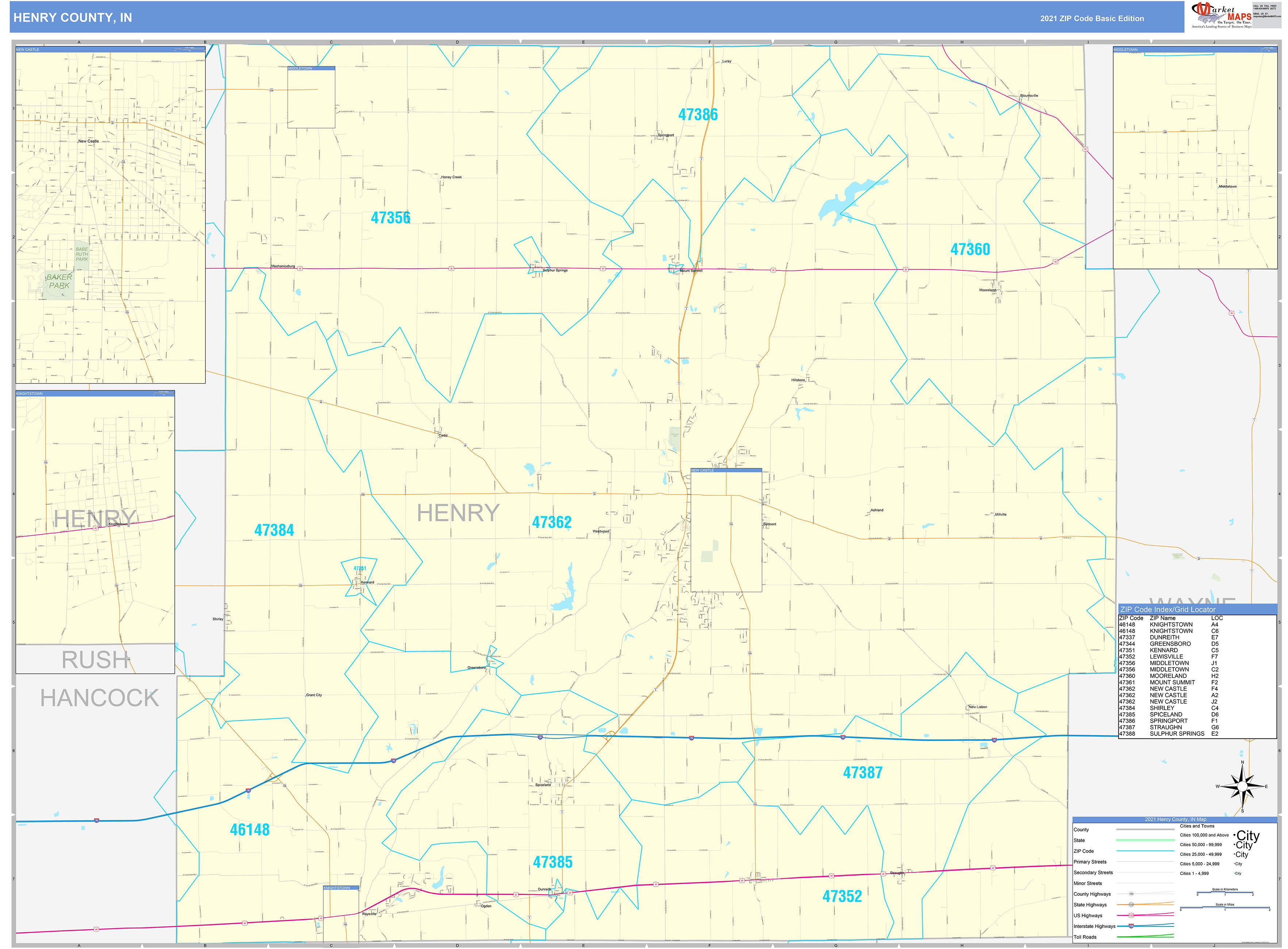 Henry County, IN Zip Code Wall Map Basic Style by MarketMAPS