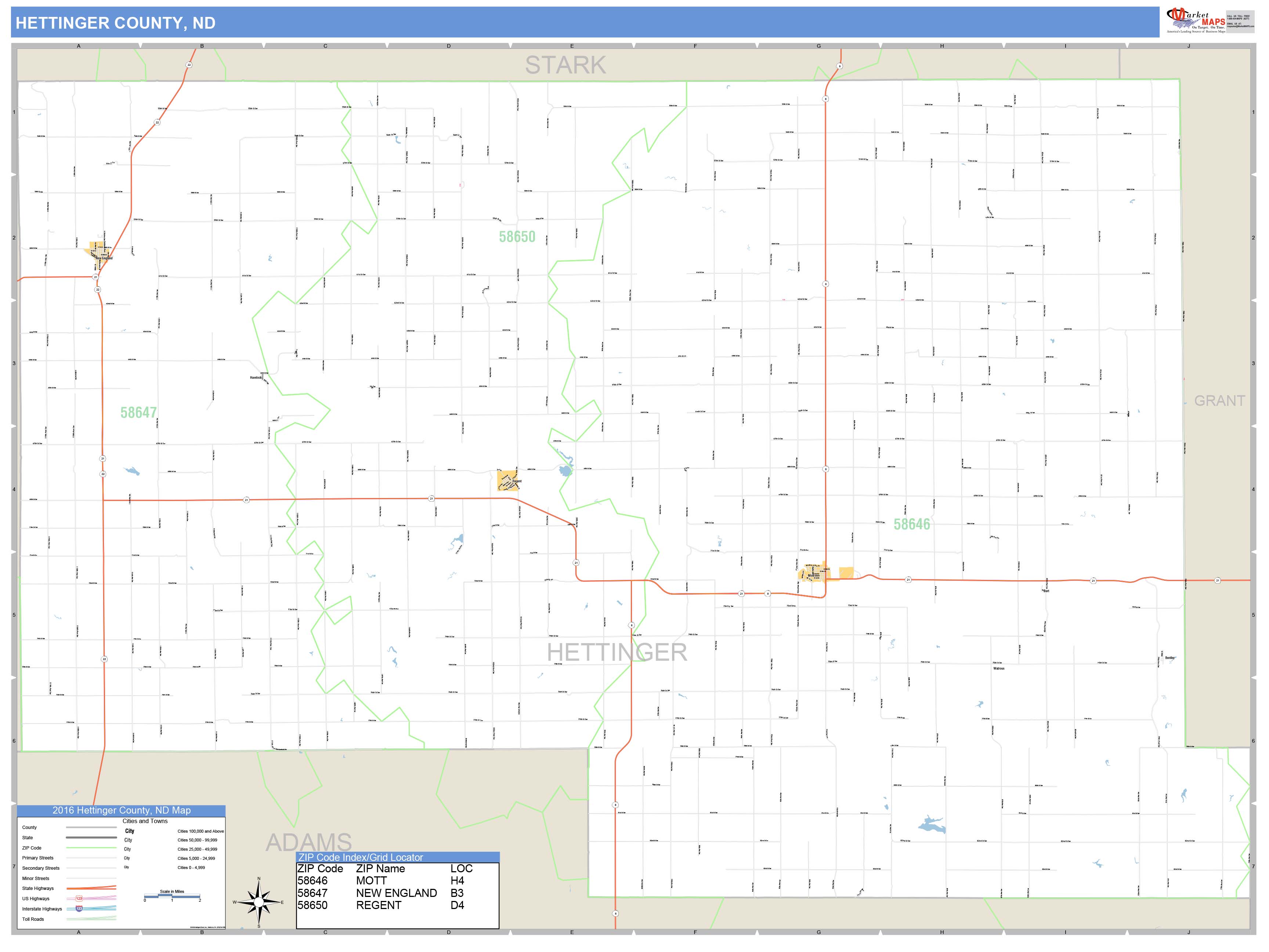 Hettinger County, ND Zip Code Wall Map Basic Style by MarketMAPS