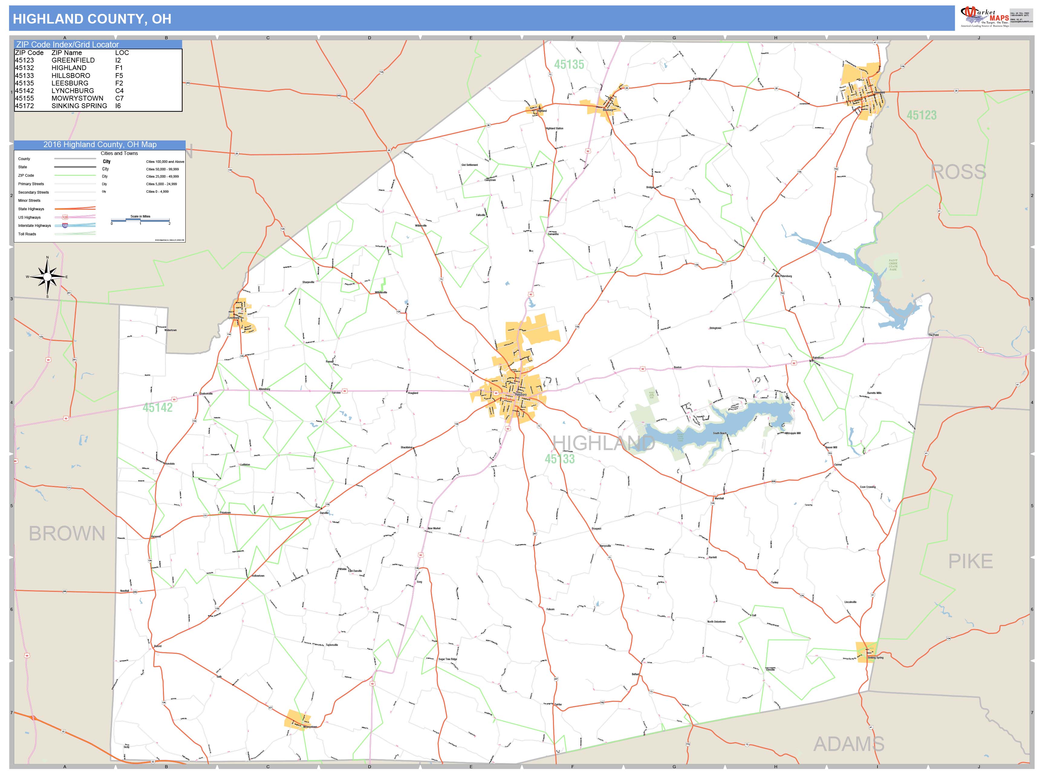 Highland County, OH Zip Code Wall Map Basic Style by MarketMAPS MapSales