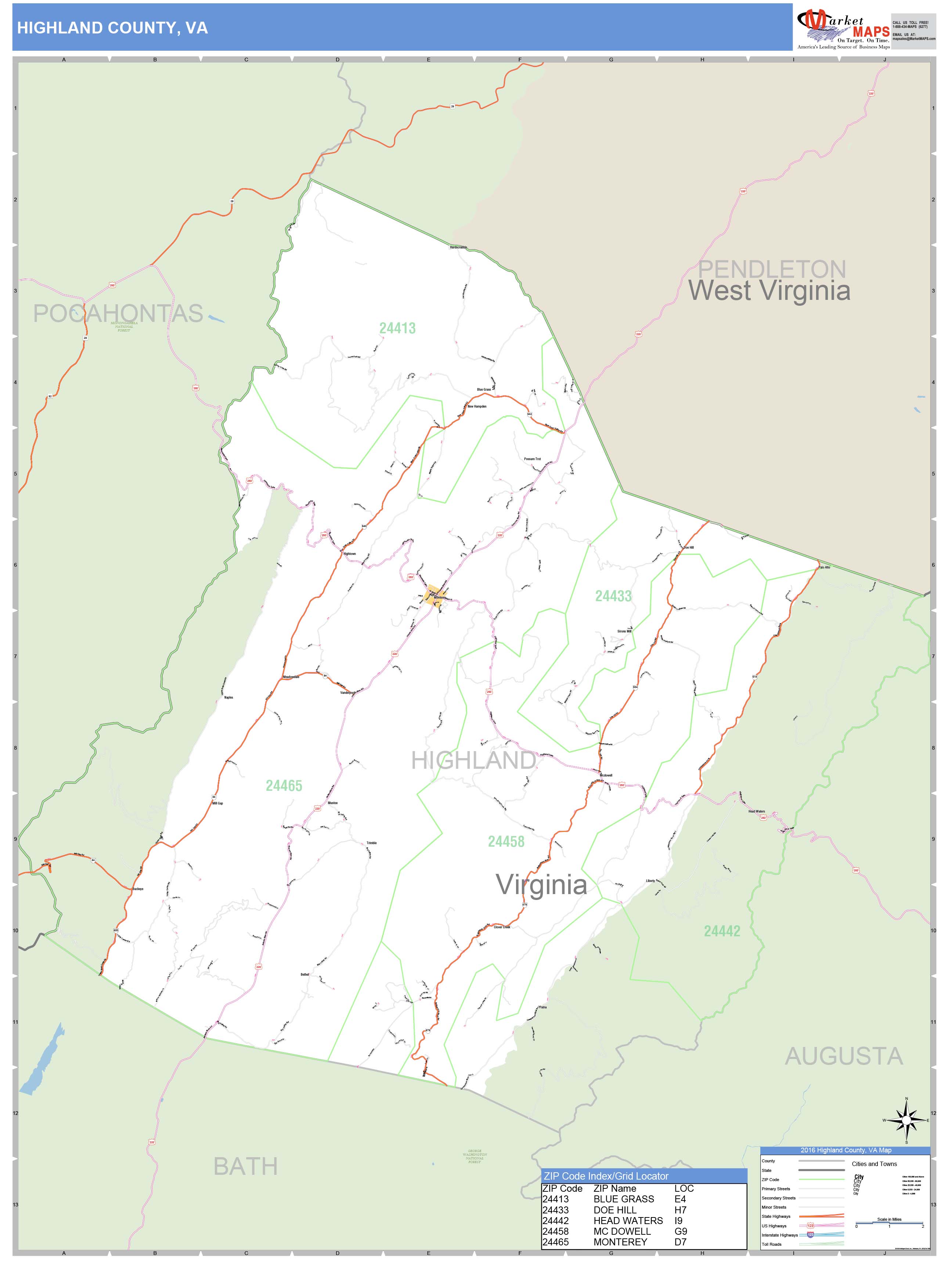 Highland County, VA Zip Code Wall Map Basic Style by MarketMAPS