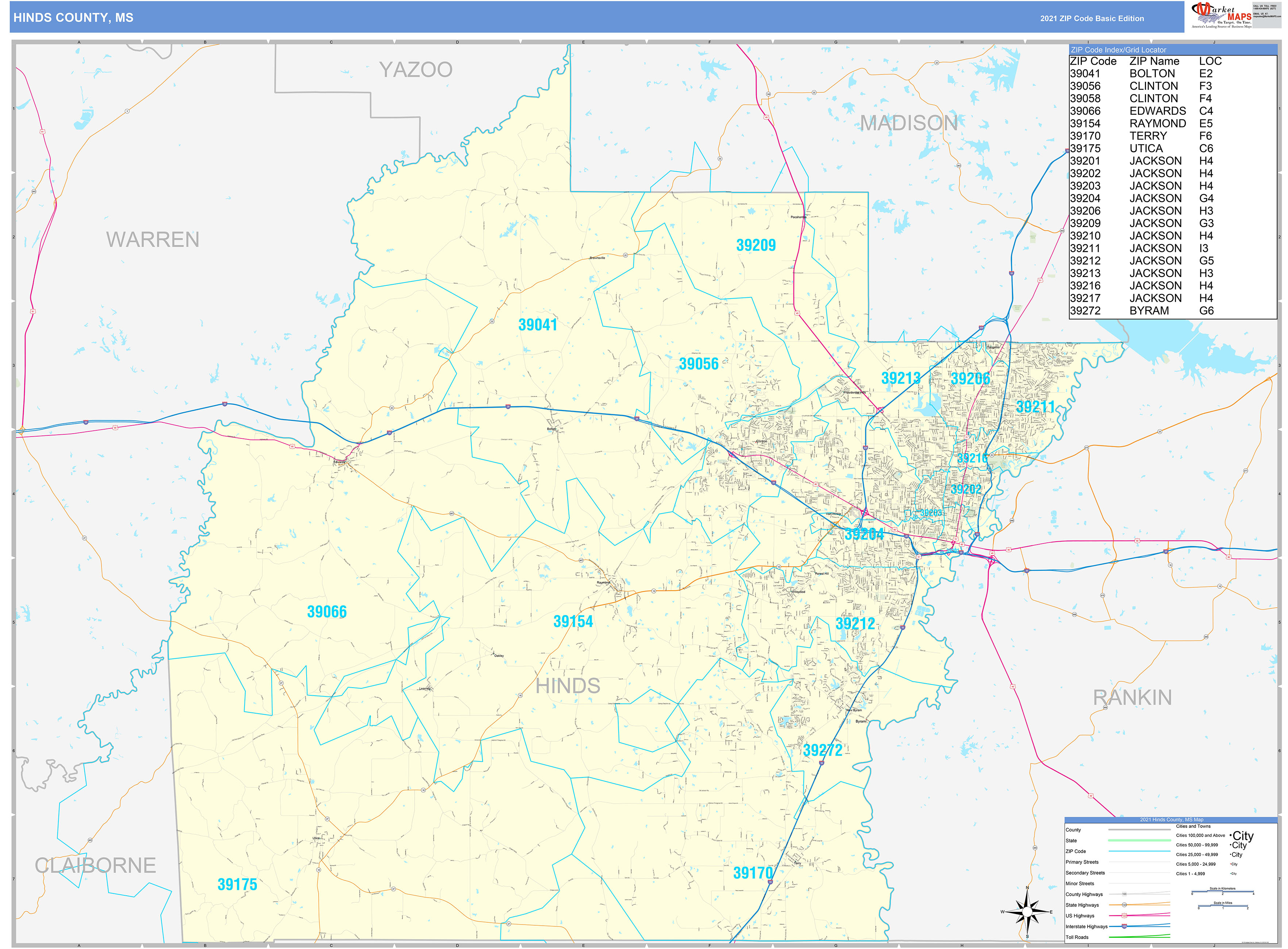 hinds-county-ms-zip-code-wall-map-basic-style-by-marketmaps-mapsales