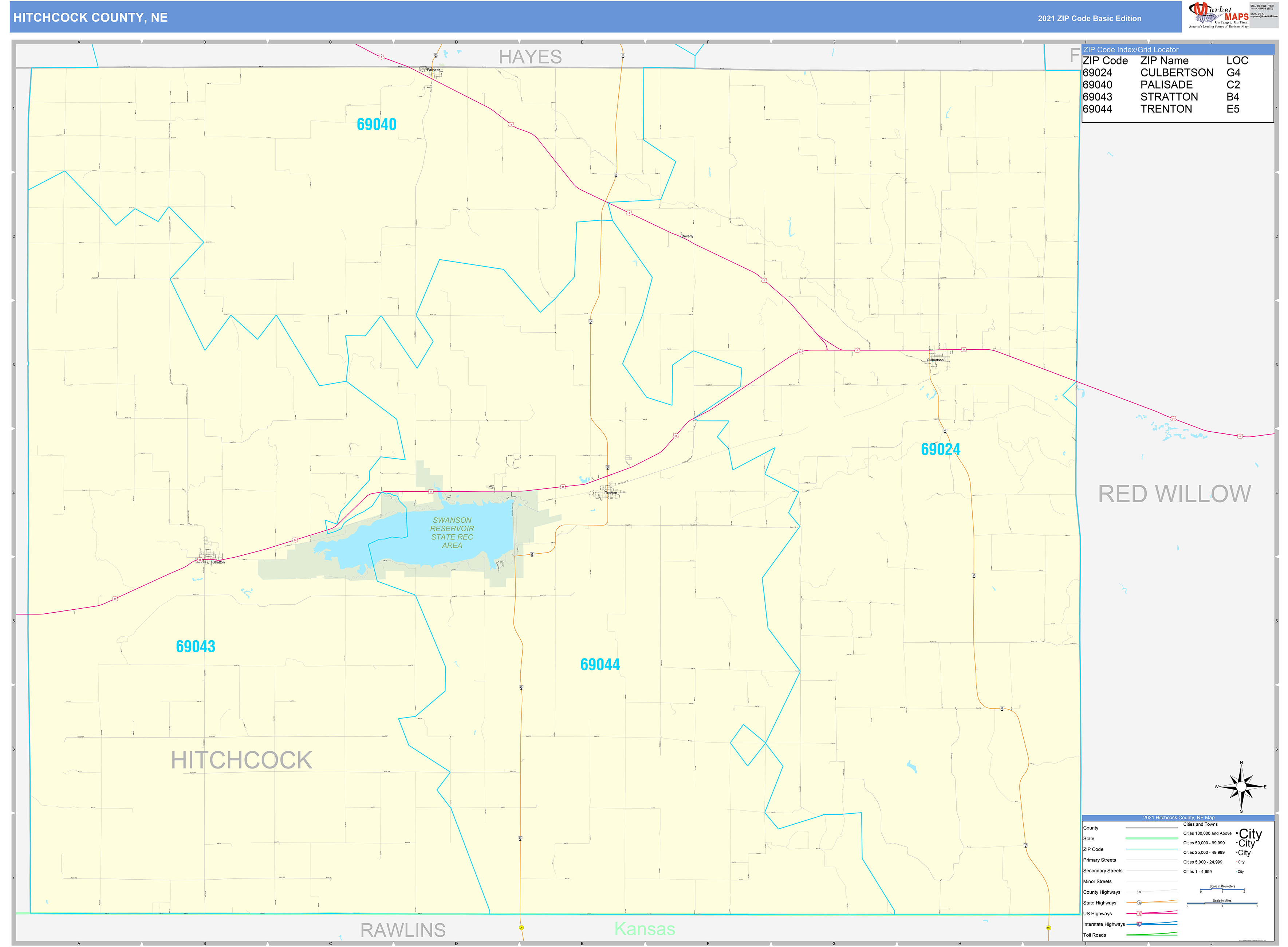 Hitchcock County, NE Zip Code Wall Map Basic Style by MarketMAPS