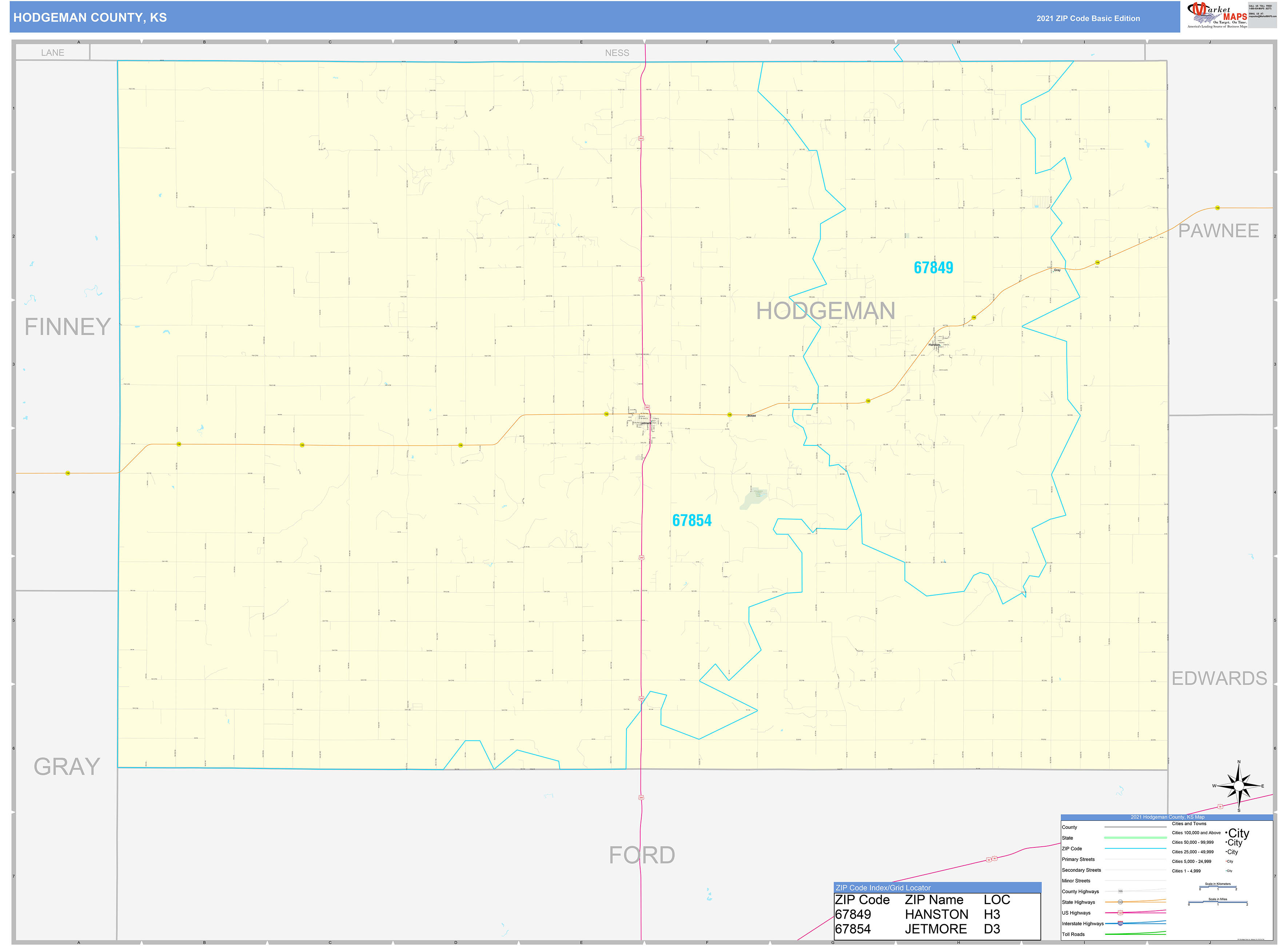 Hodgeman County, KS Zip Code Wall Map Basic Style by MarketMAPS MapSales