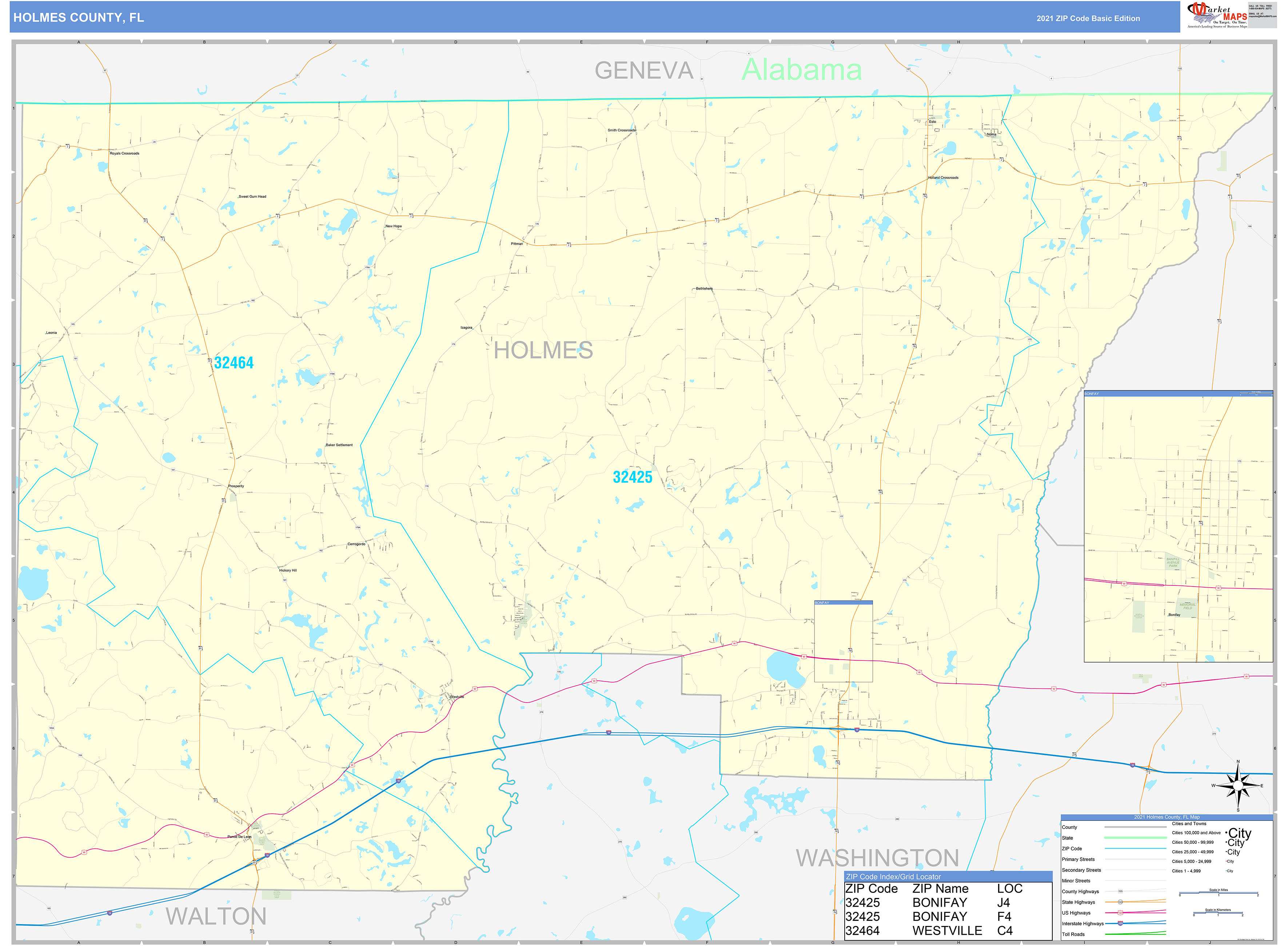 Holmes County, FL Zip Code Wall Map Basic Style by MarketMAPS MapSales