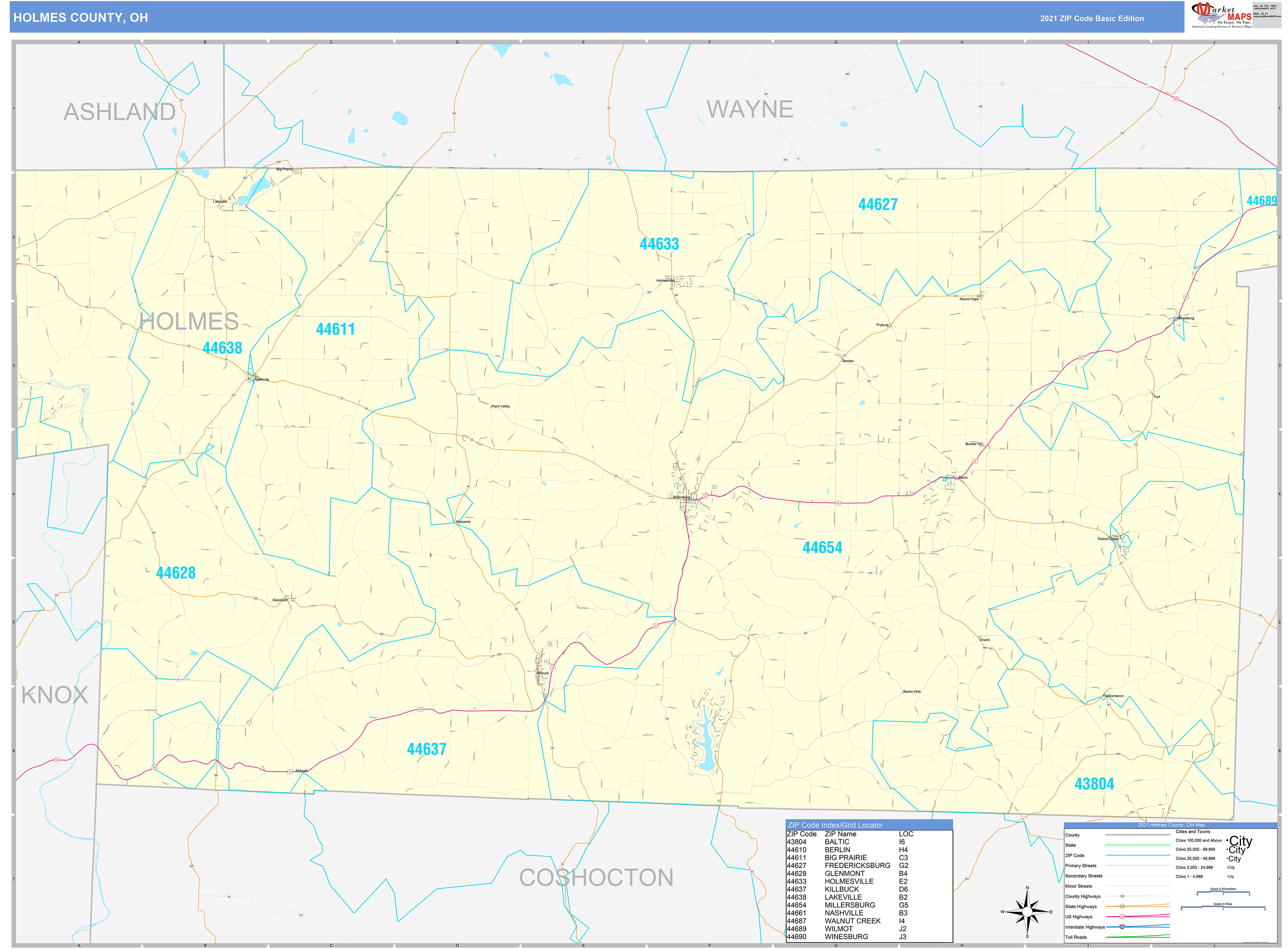 Holmes County, OH Zip Code Wall Map Basic Style by MarketMAPS MapSales