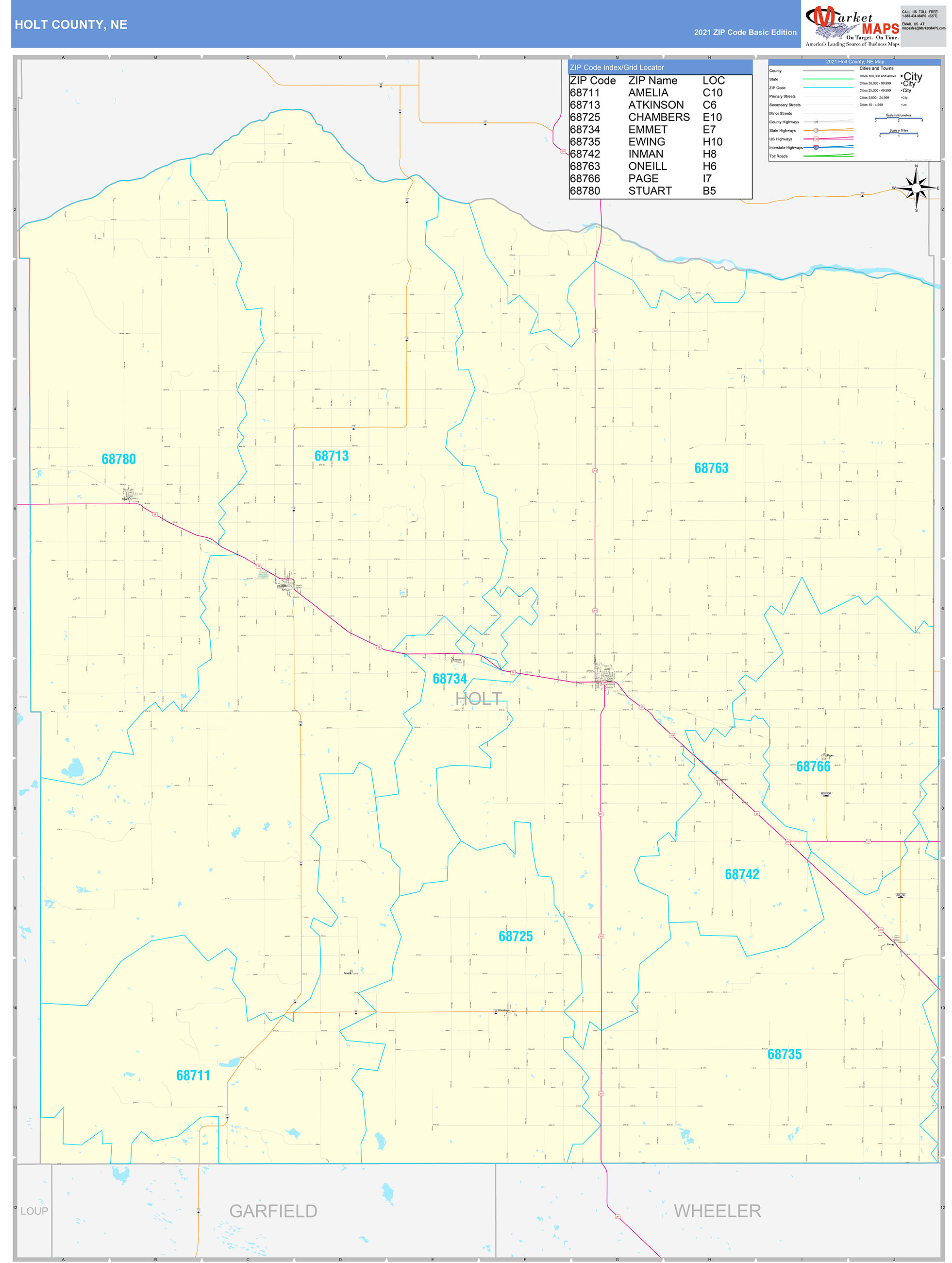 Holt County, NE Zip Code Wall Map Basic Style by MarketMAPS