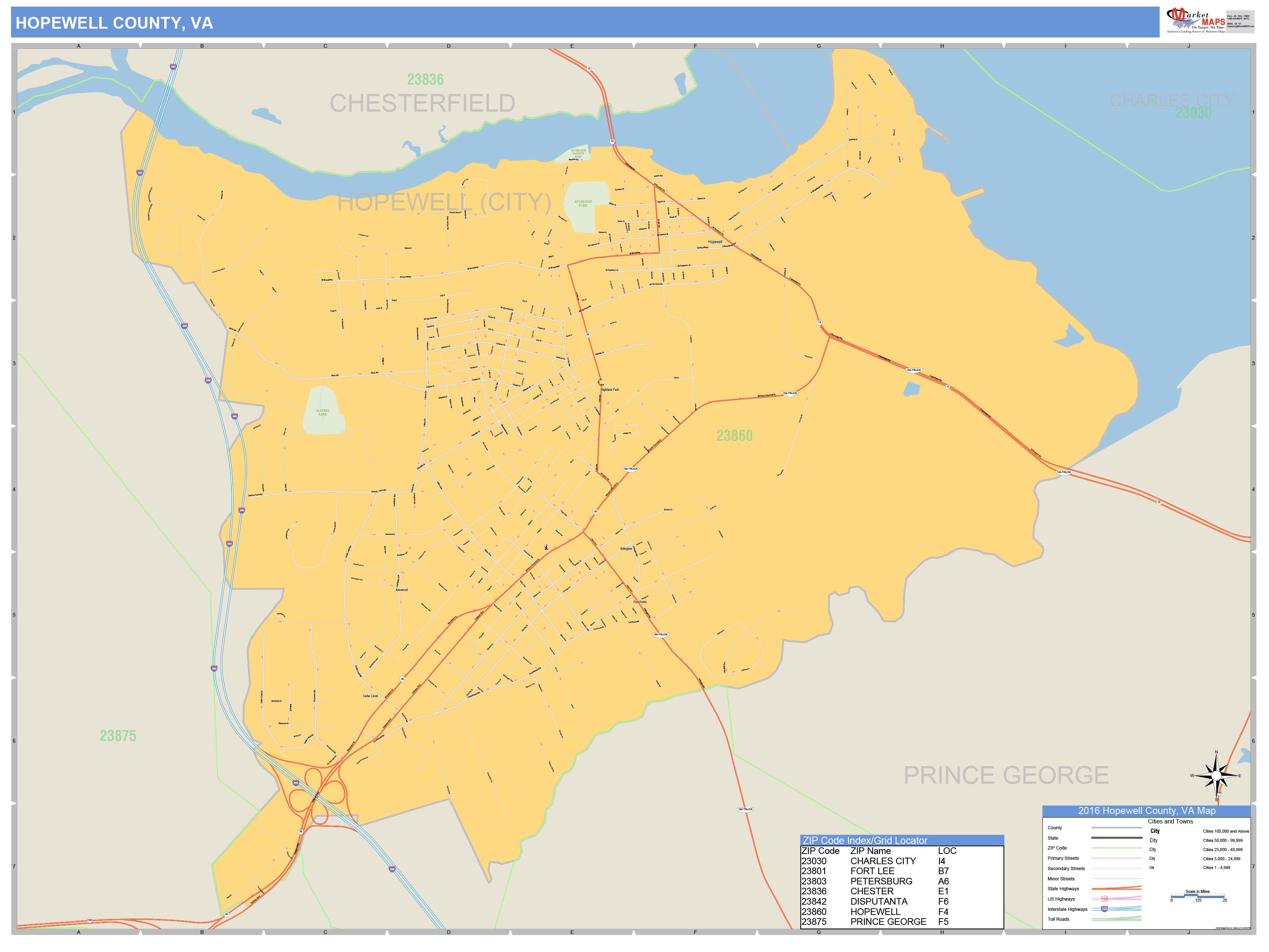 Hopewell County, VA Zip Code Wall Map Basic Style by MarketMAPS MapSales