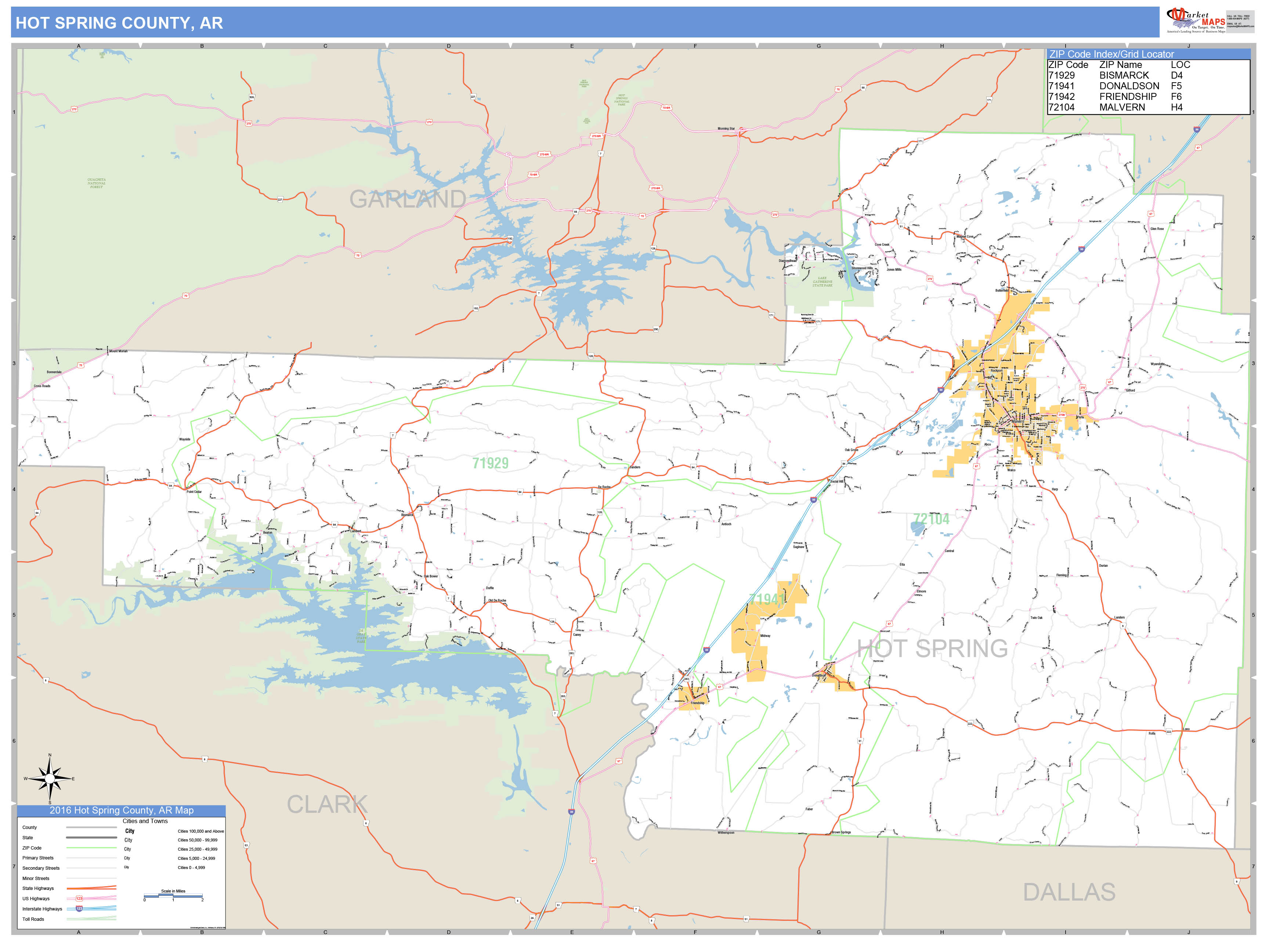 Hot Spring County, AR Zip Code Wall Map Basic Style by MarketMAPS