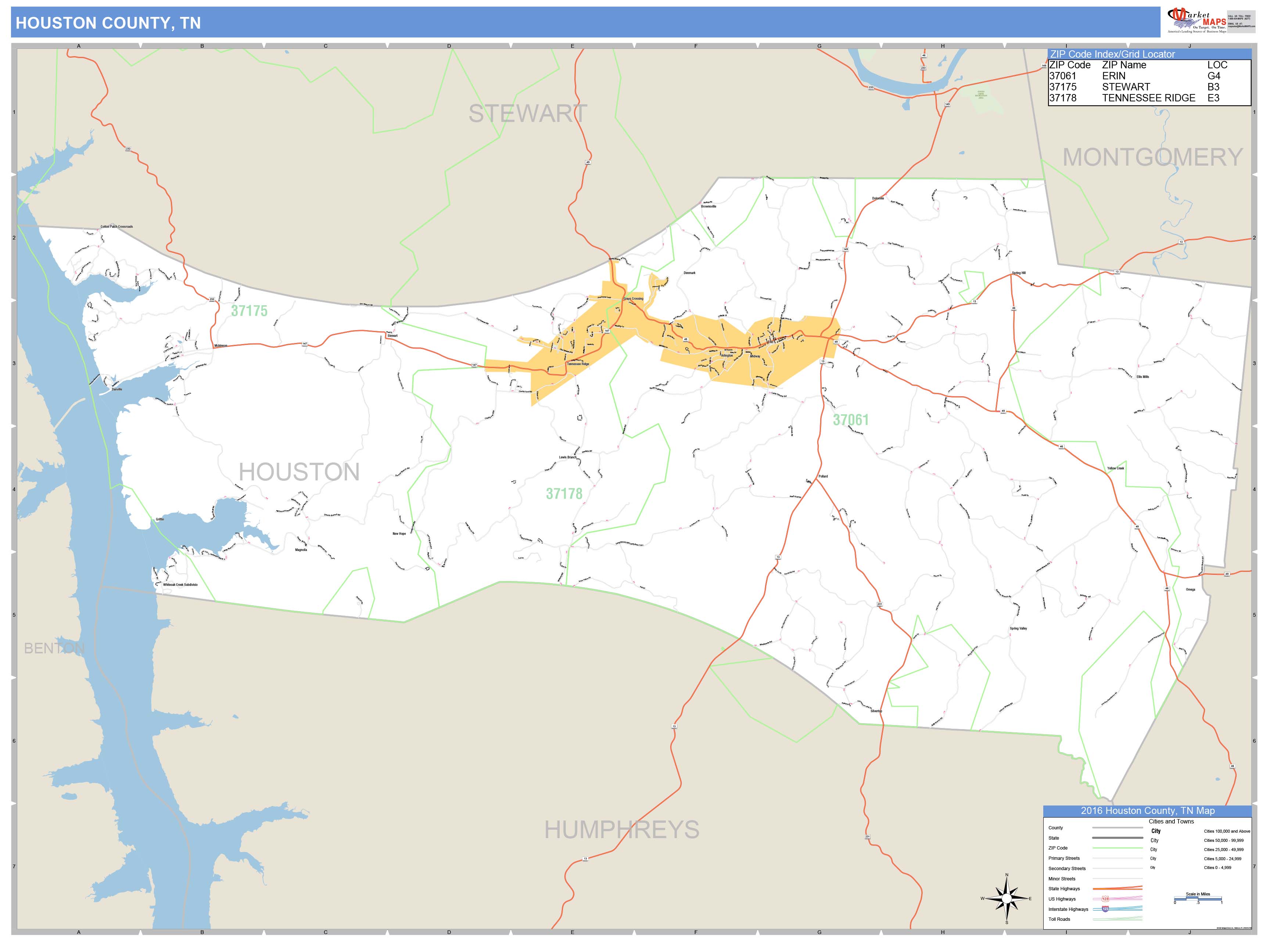Houston County, TN Zip Code Wall Map Basic Style by MarketMAPS