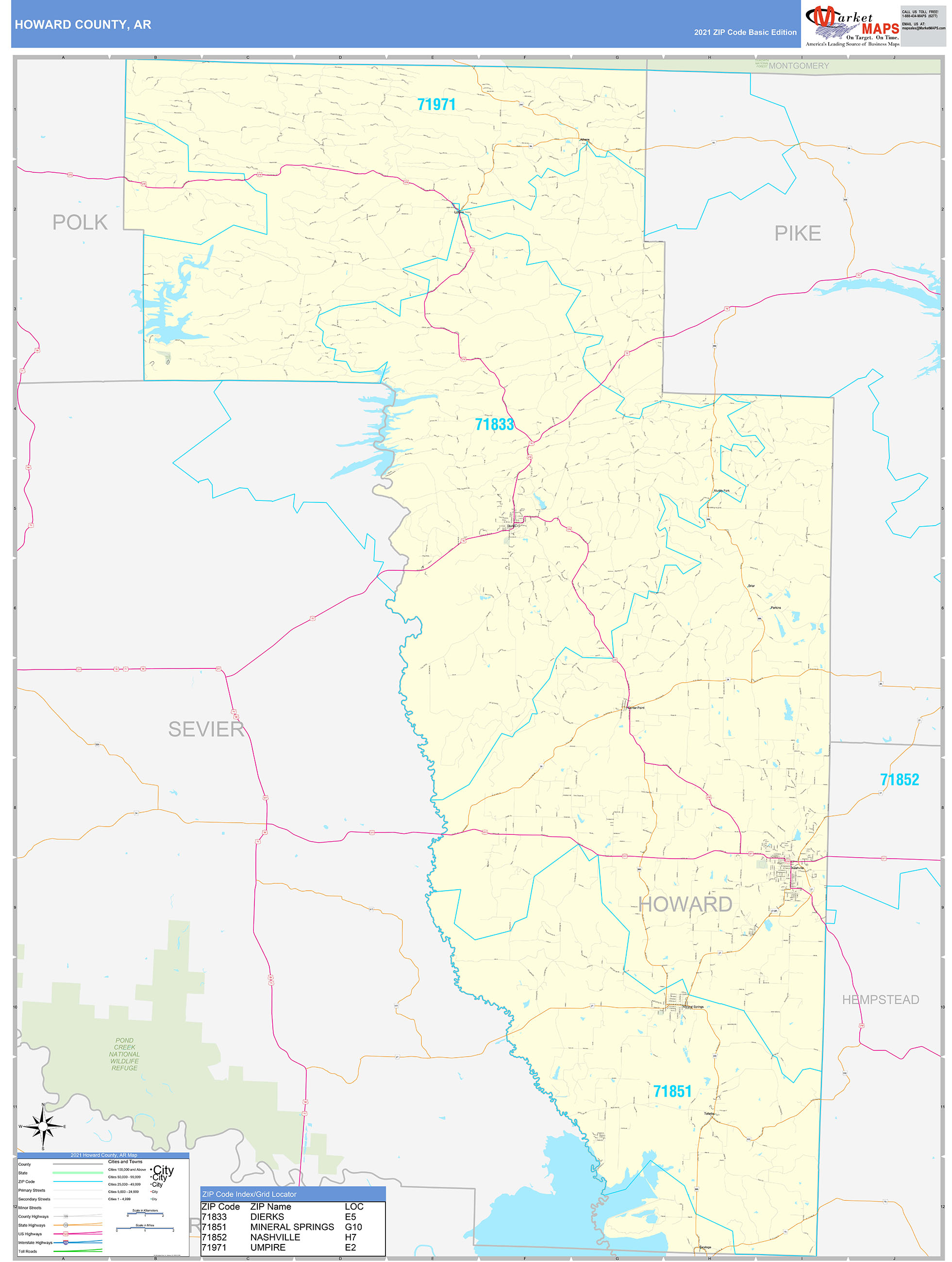 Howard County, AR Zip Code Wall Map Basic Style by MarketMAPS MapSales